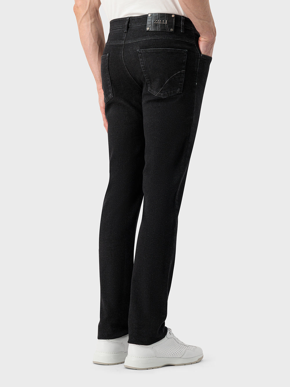 Slim Fit Crocodile-Detailed Denim Cotton Trousers - Black