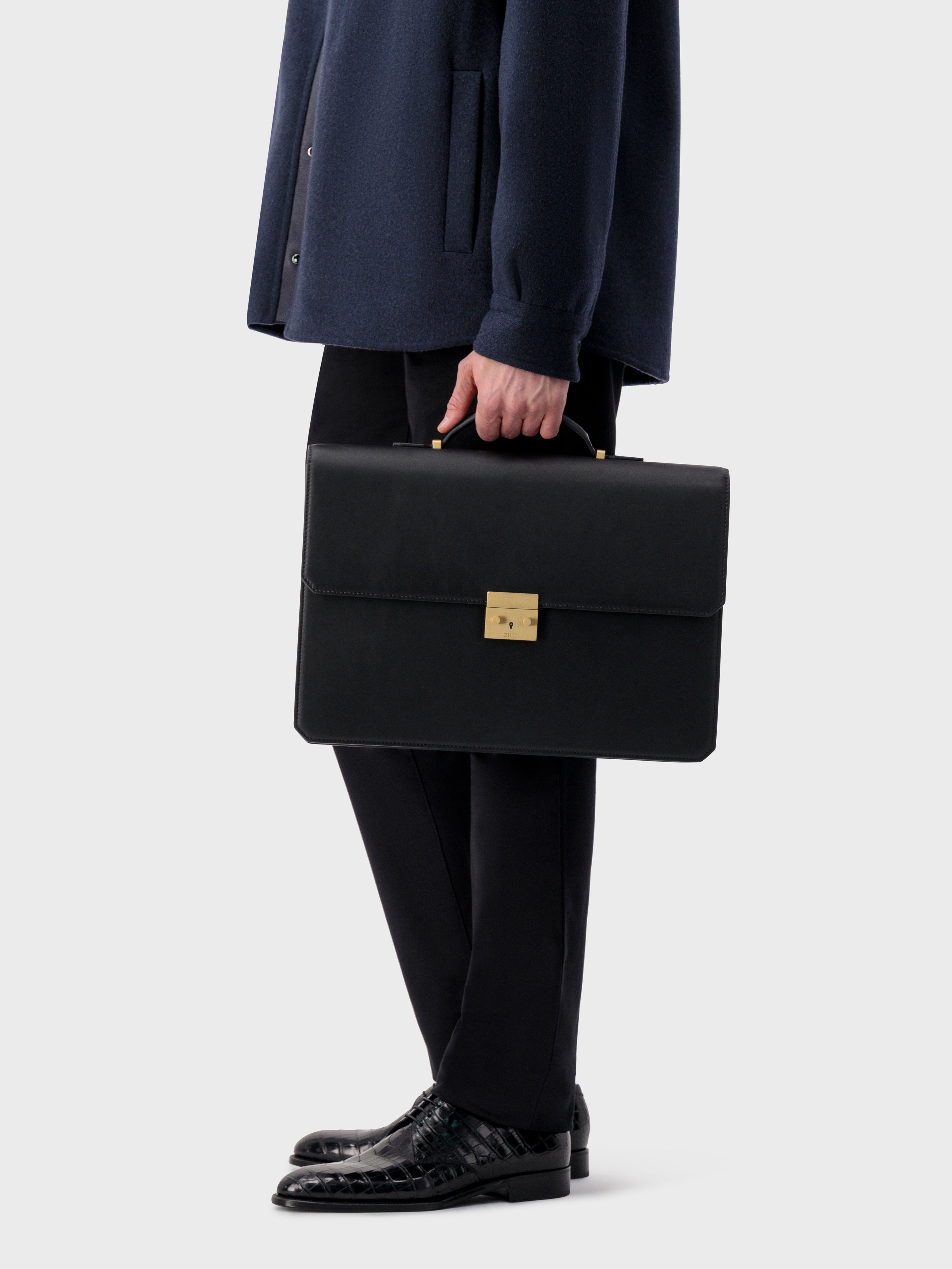 Double Compartment Calfskin Briefcase - Black