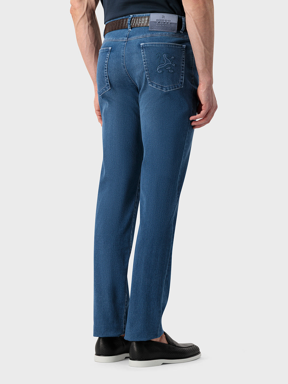 Slim Fit "Big Lion" Embroidery Denim Cotton Trousers - Blue Jeans
