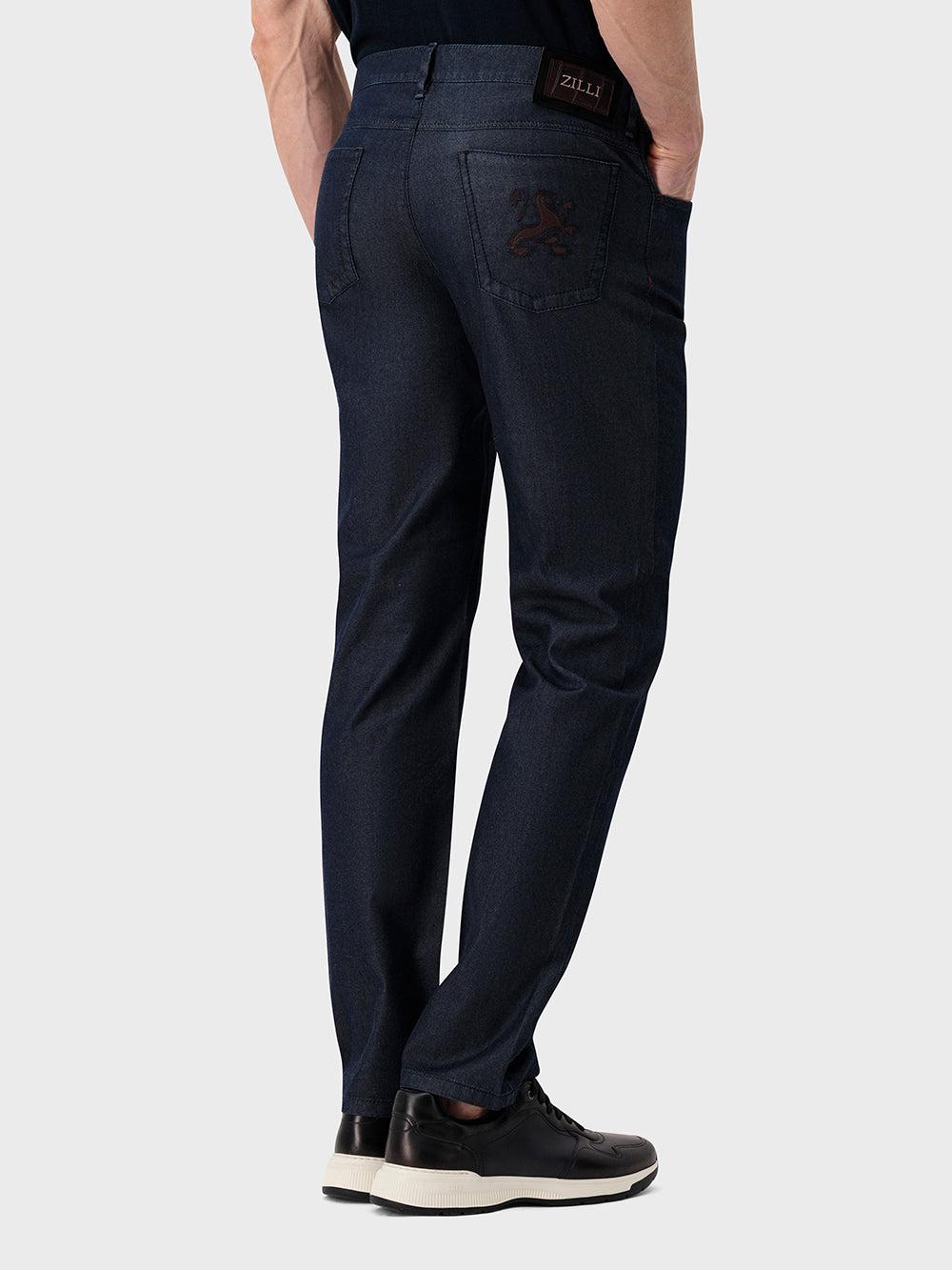 Slim Fit "Big Lion" Embroidery Denim Cotton Trousers - Blue Navy