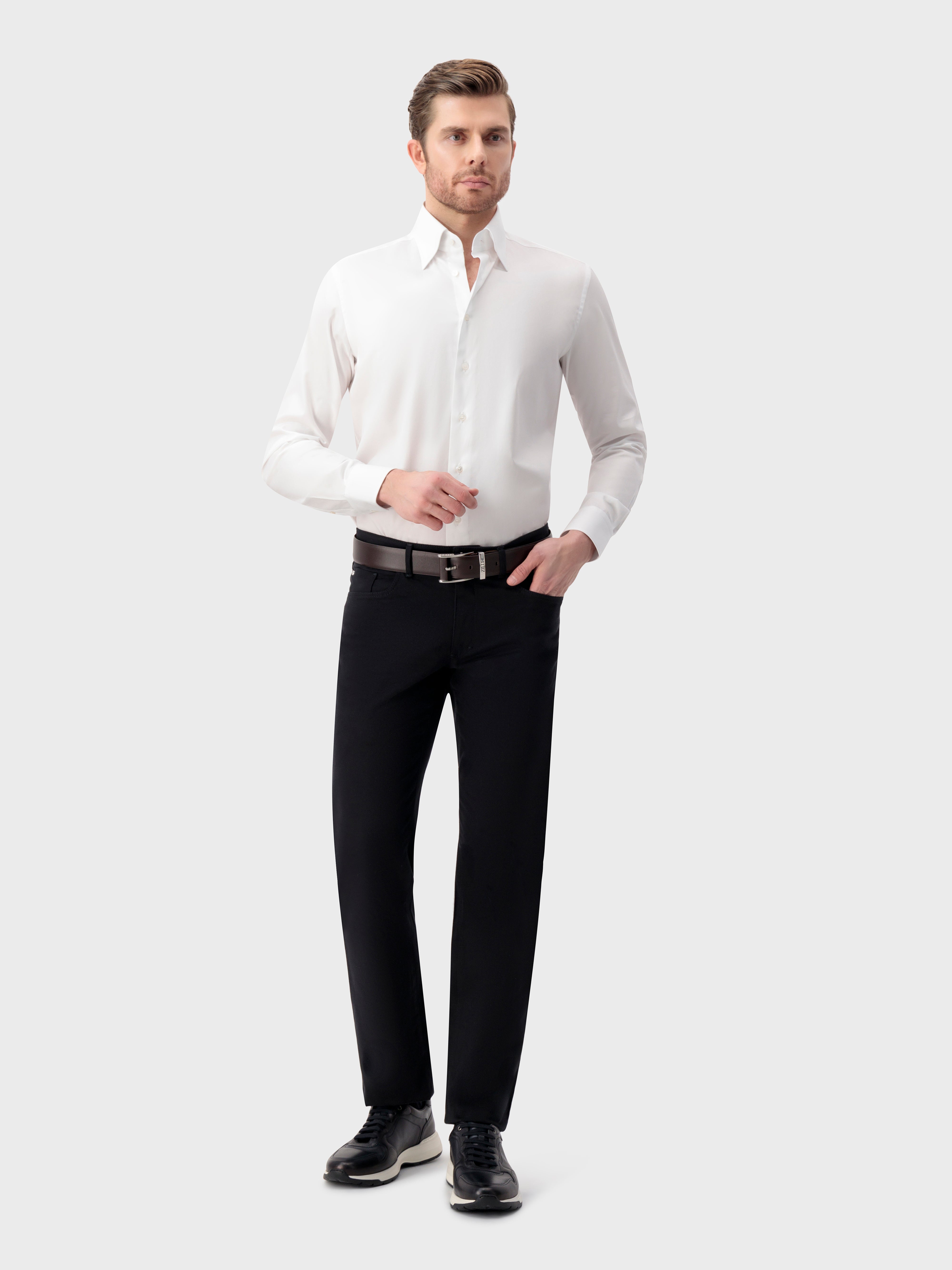 Single-Stitched Hidden Button Collar Sea Island Cotton Shirt - White