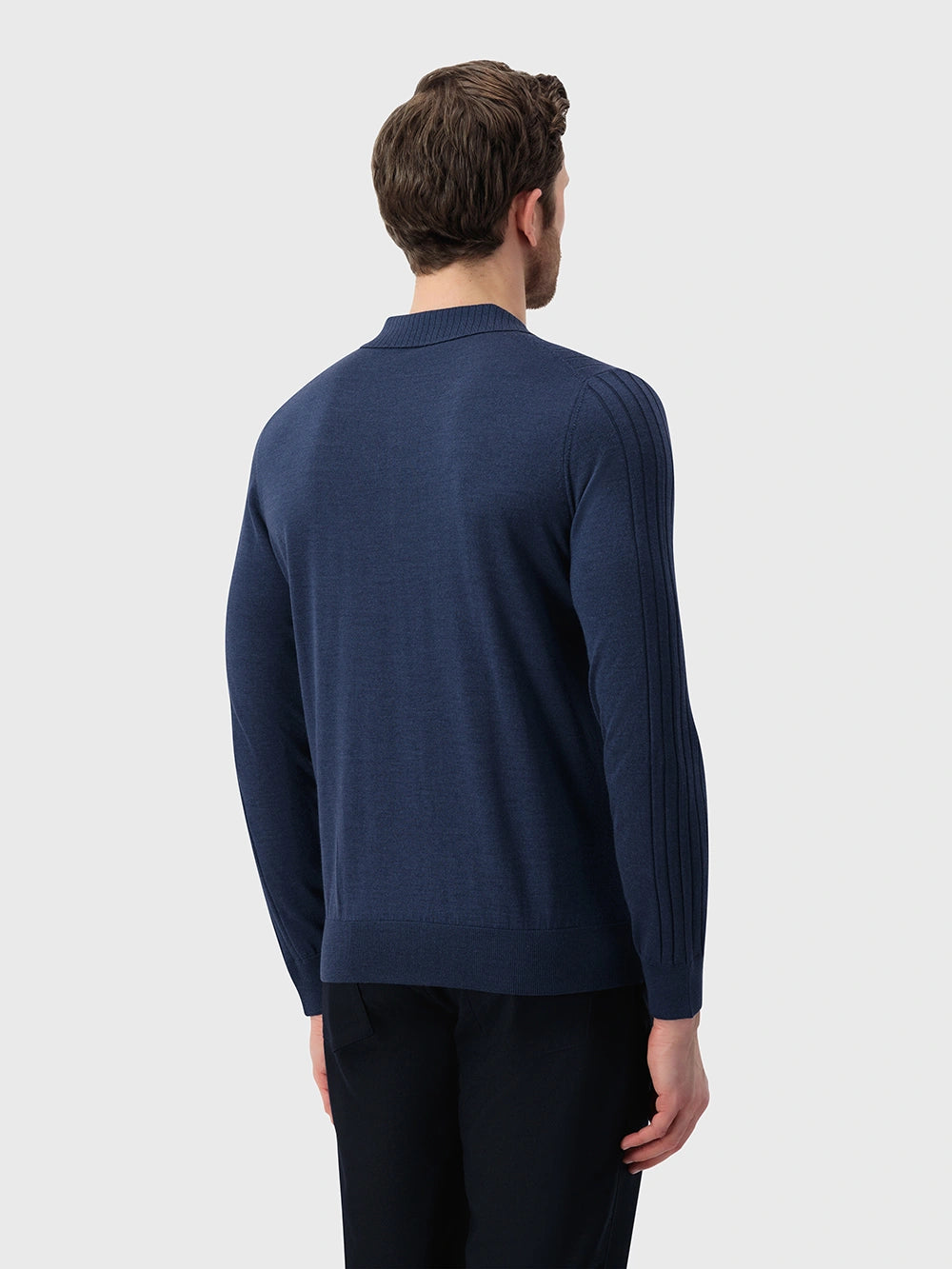 Wool-Silk Blend Half-Zip Knit with Inverted V Rib Panel – Smoke Blue
