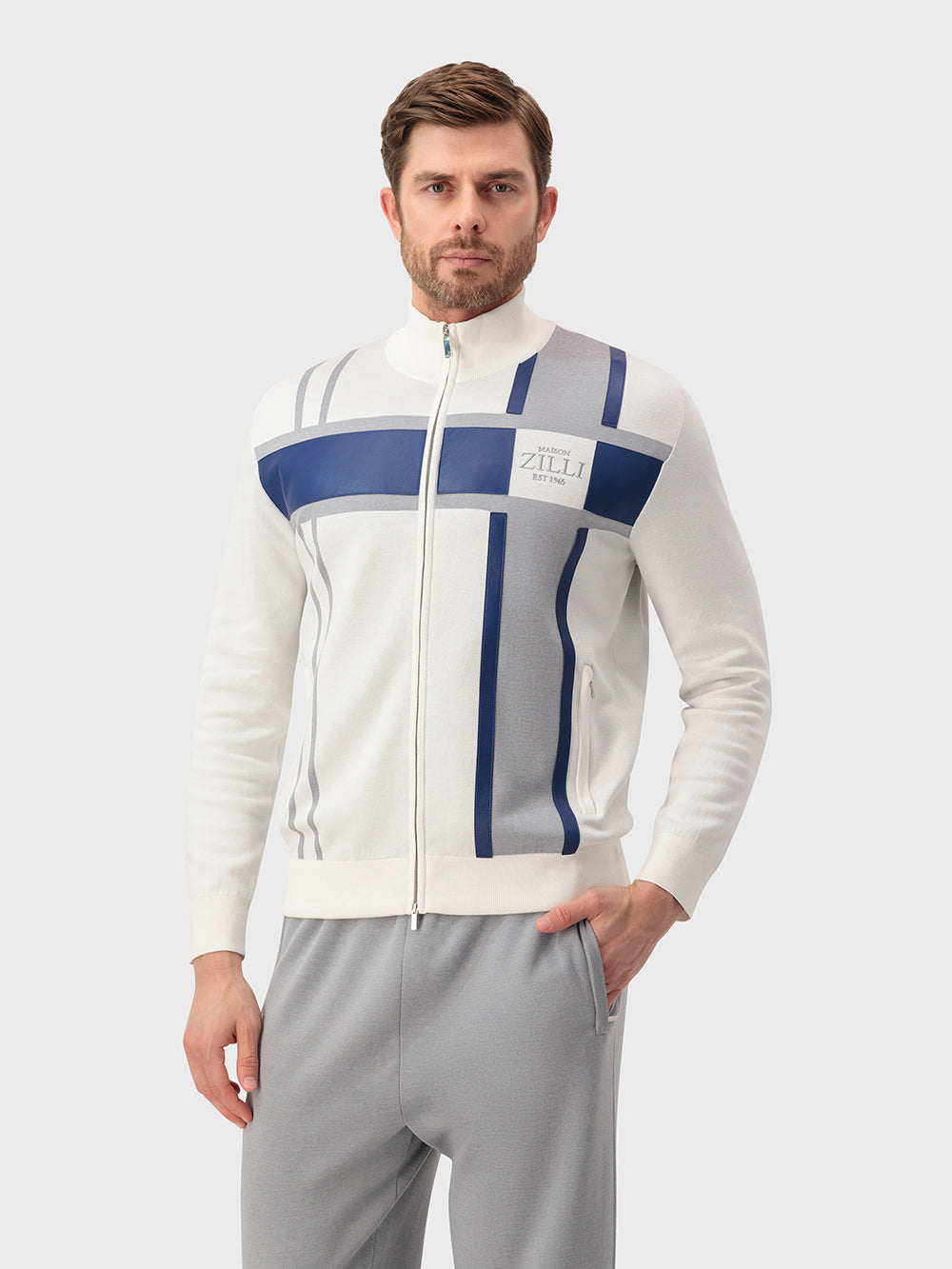 Two-Piece Geometric Pattern Jogging Suit - Natural White