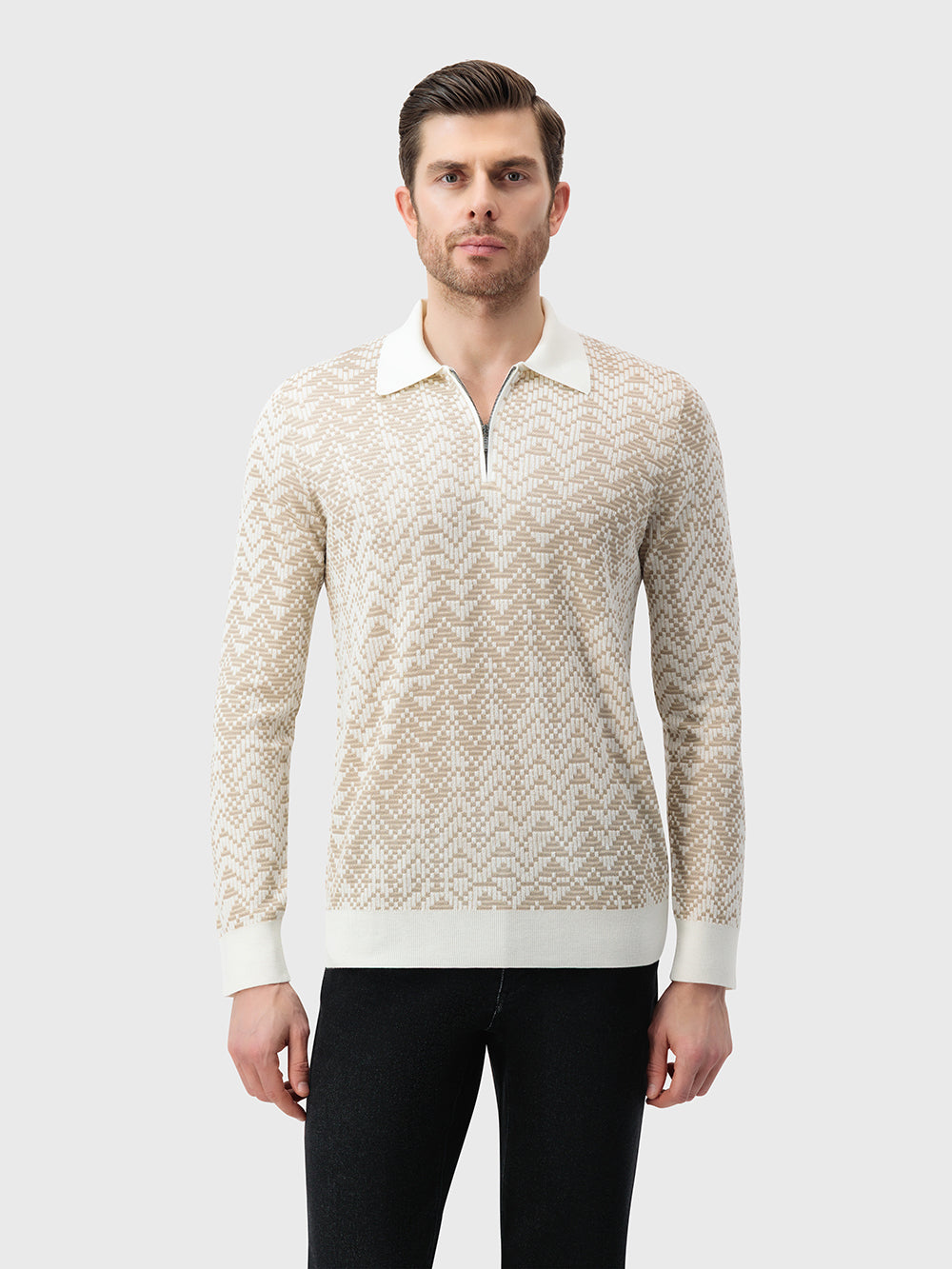 60% Wool 30% Silk 10% Cashmere Chevron Zip Polo - Blond Fawn