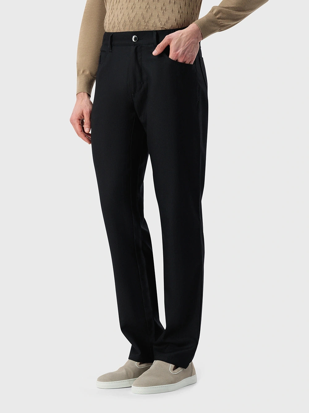 Wool Jean with Calf Leather Detail - Black