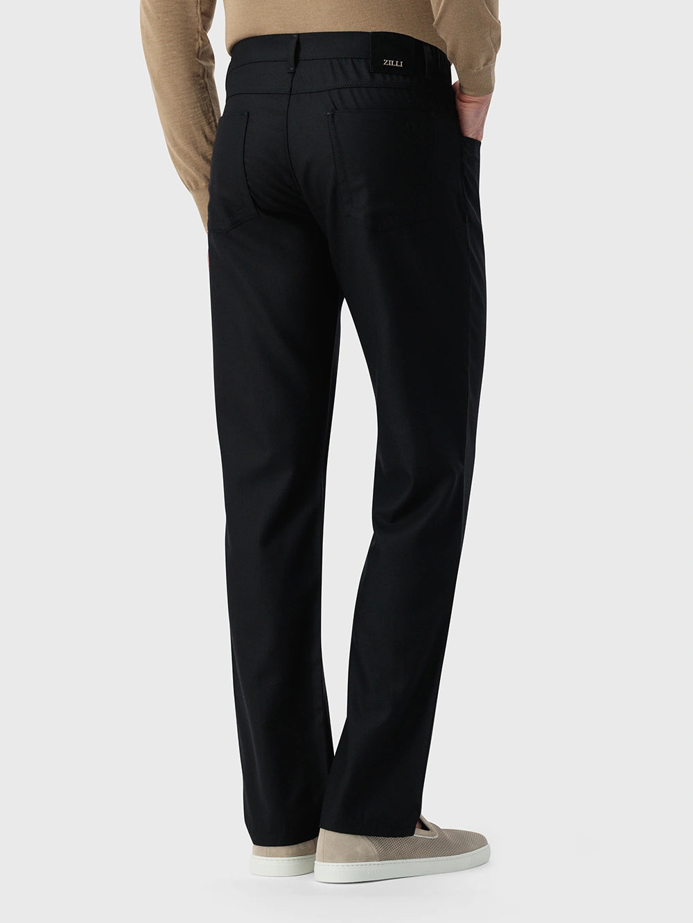 Wool Jean with Calf Leather Detail - Black