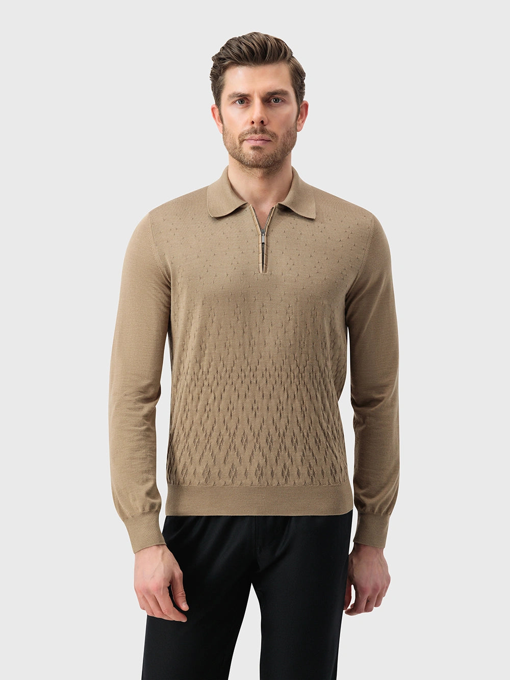 Speckled Half-Zip Knit with Crocodile Leather Trim – Cappuccino