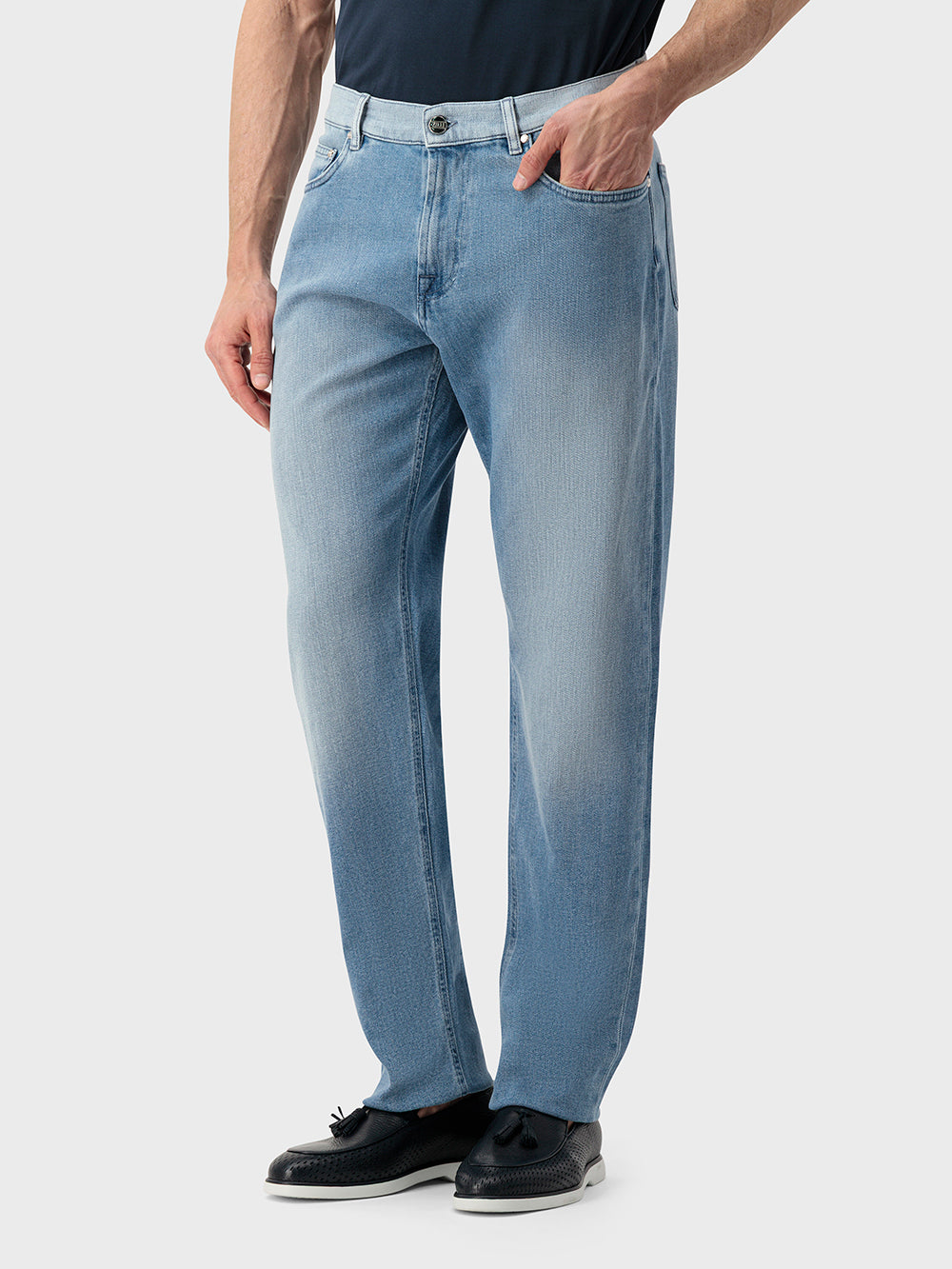 Брюки из денима и хлопка с вышивкой "Maison ZILLI EST 1965" - Оксфордский синий