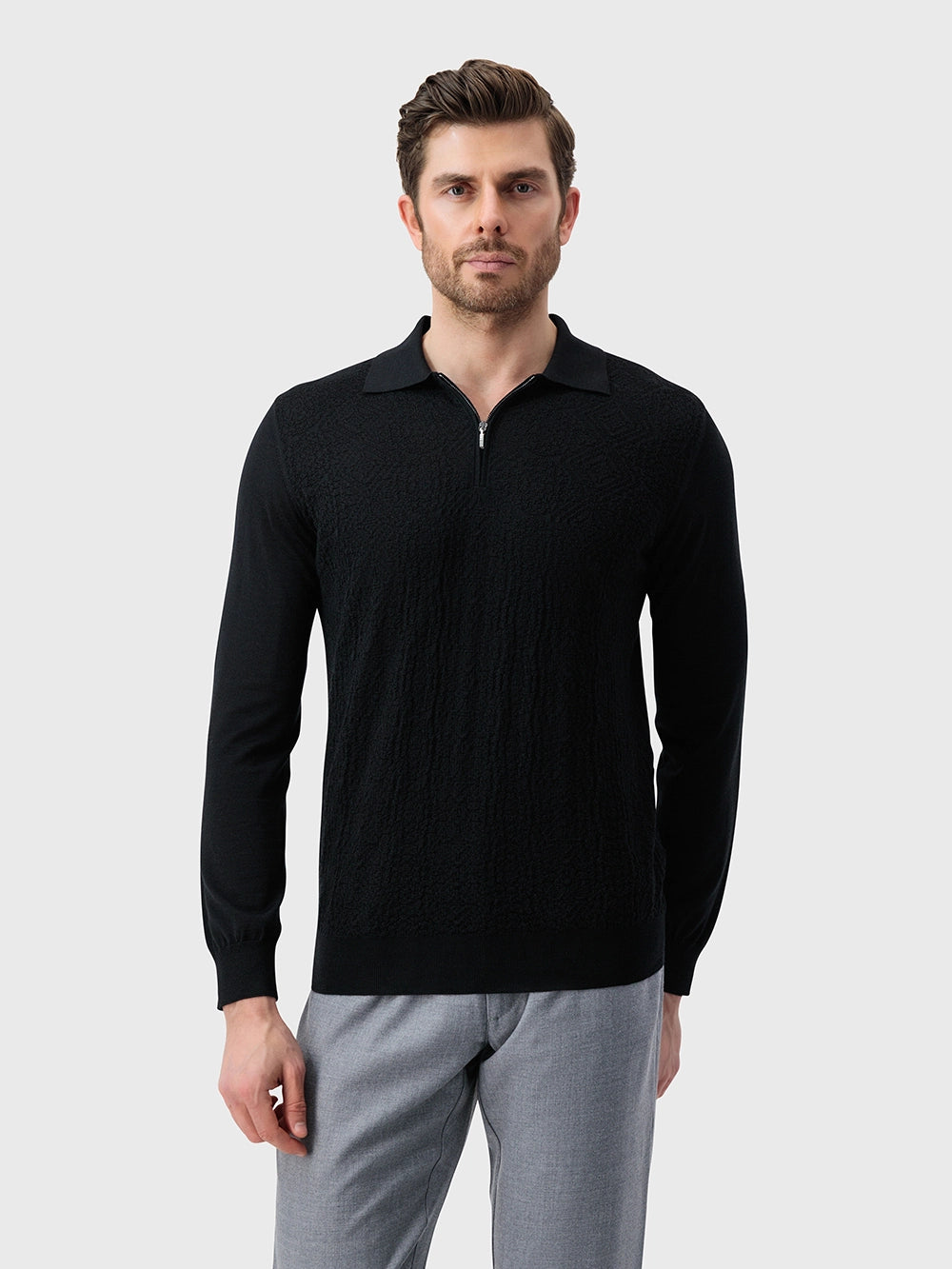 Wool-Silk Polo Half-Zip Pebbled Knit – Black