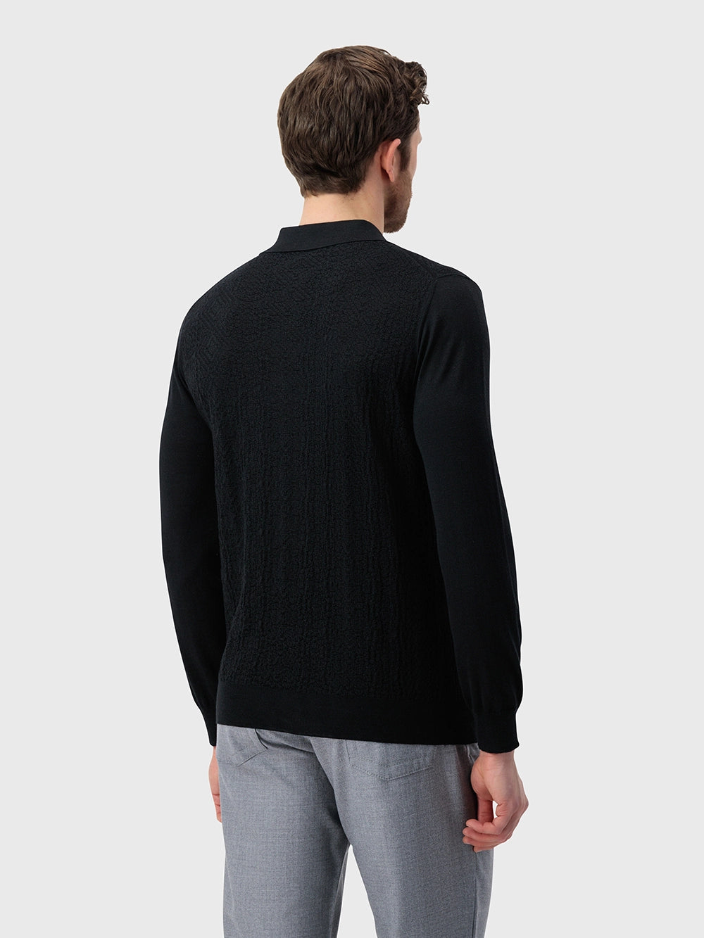 Wool-Silk Polo Half-Zip Pebbled Knit – Black