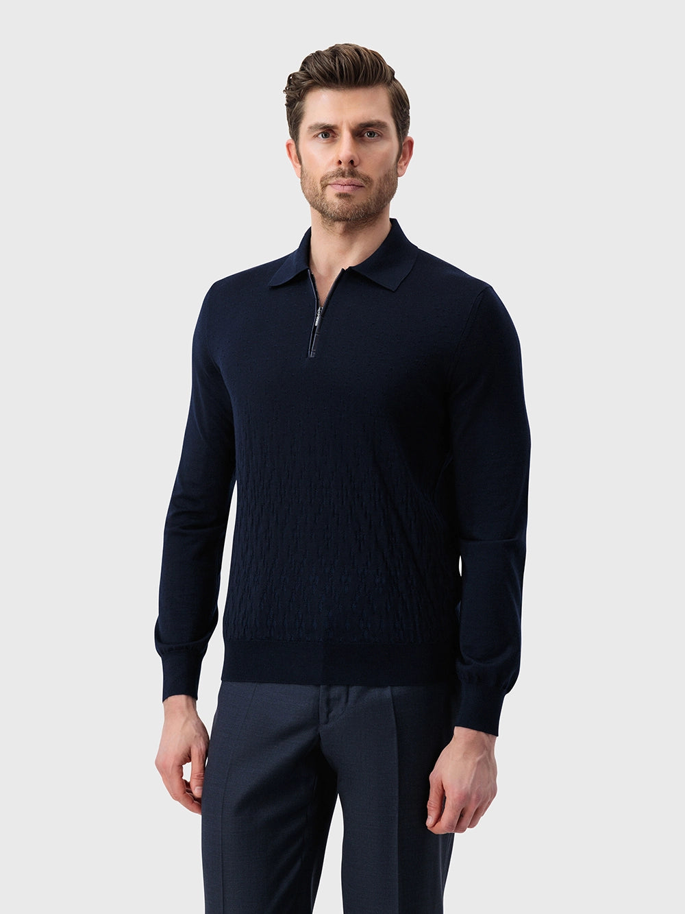 Speckled Half-Zip Knit with Crocodile Leather Trim – Dark Navy