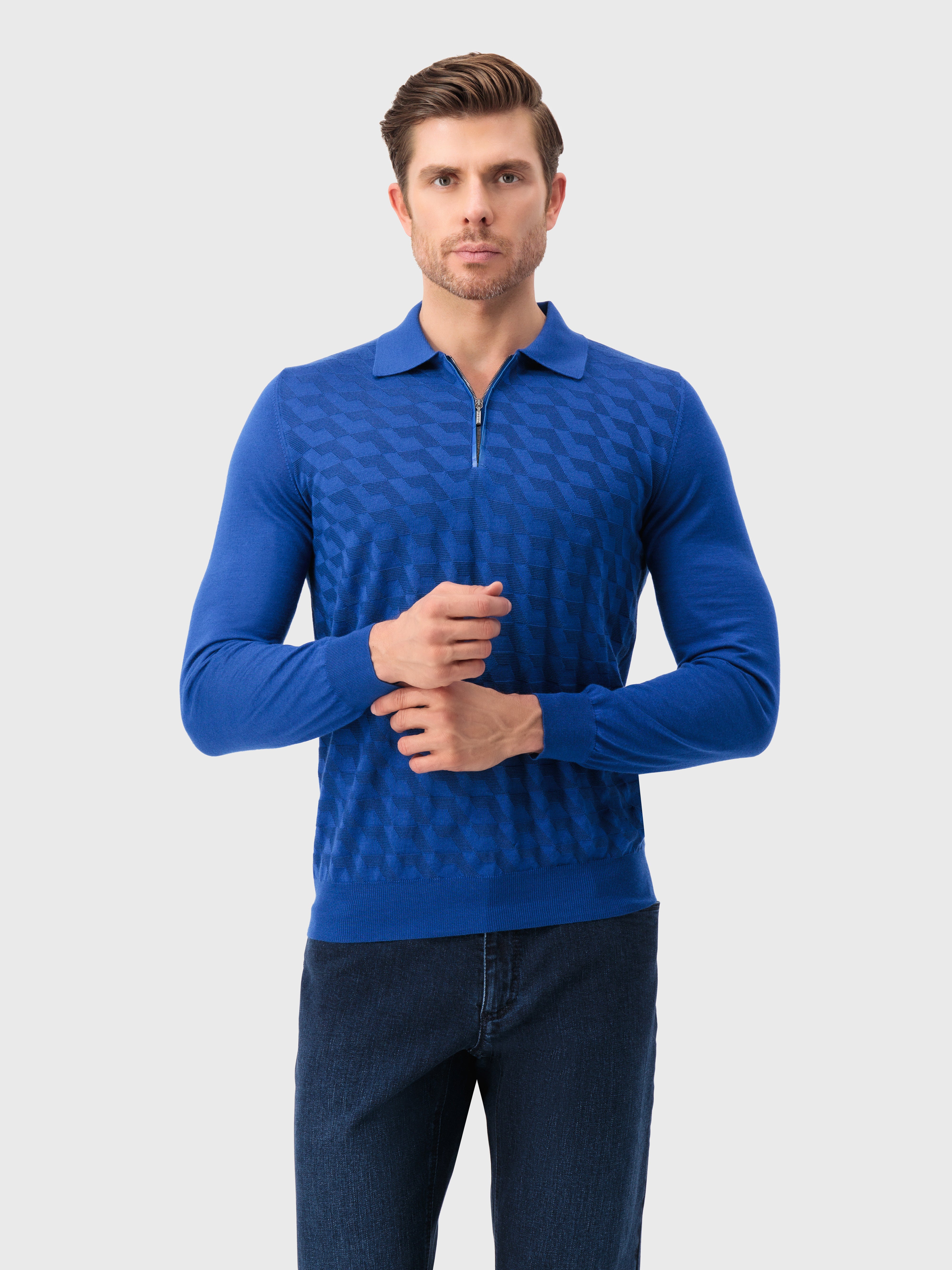 Рубашка-поло на молнии из кашемира и шелка ярко-синего цвета