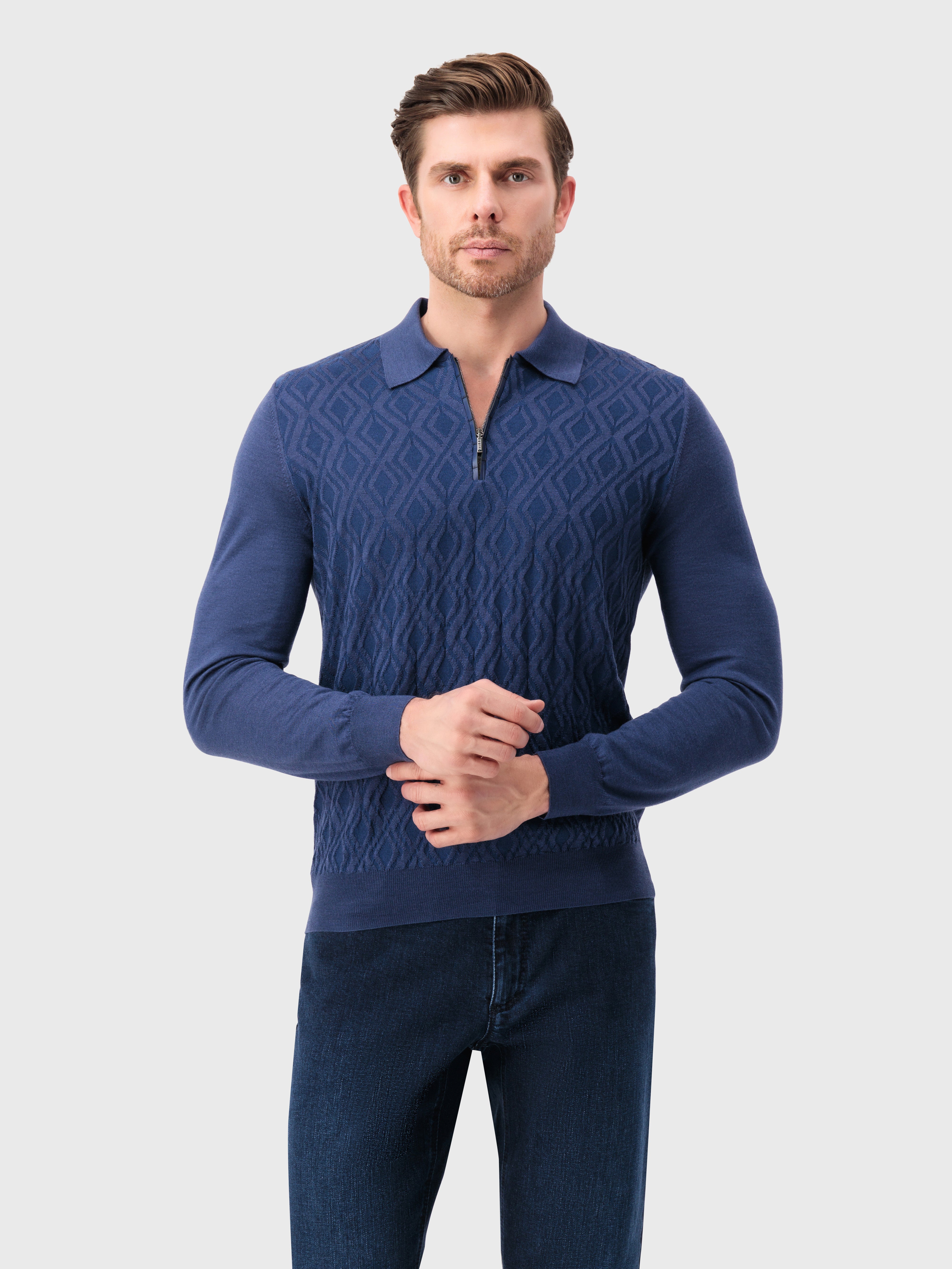 Рубашка-поло с длинными рукавами и узором в виде ромбов дымчато-голубая