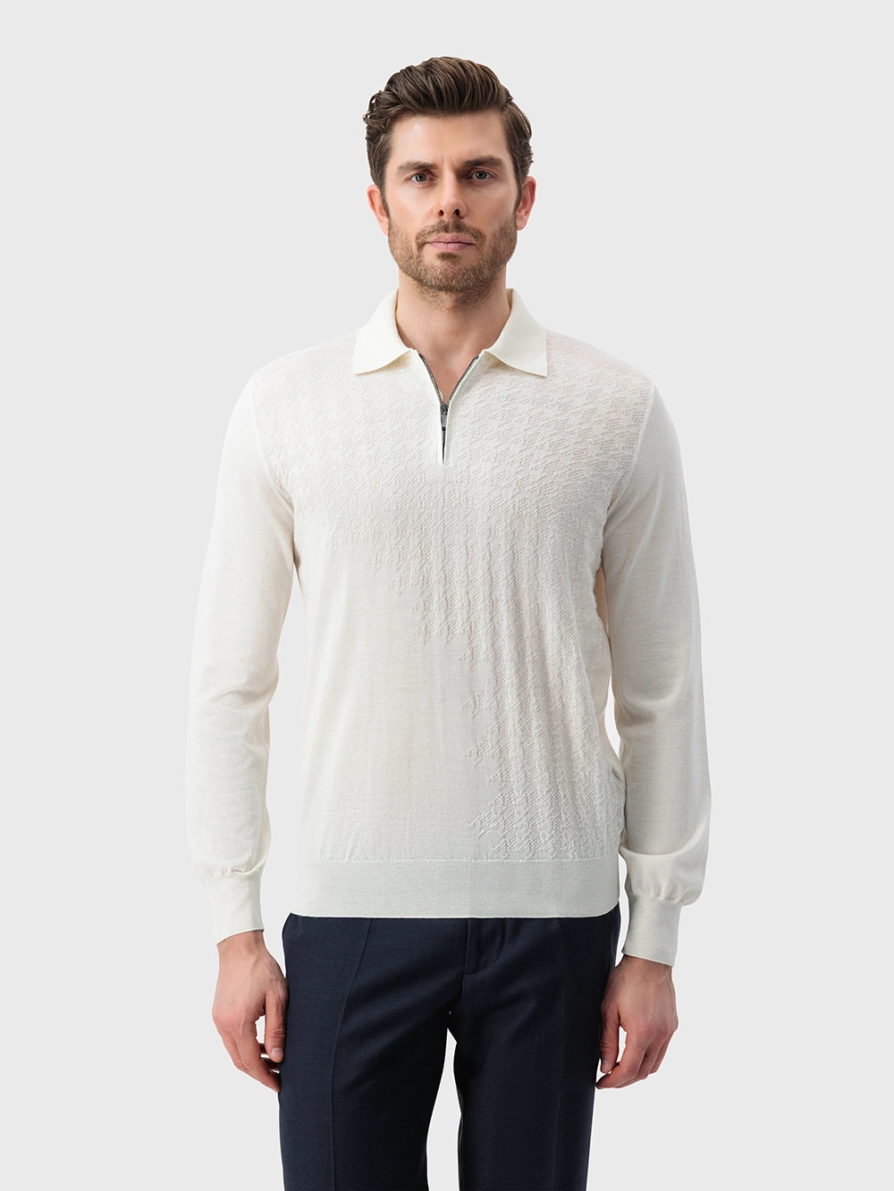 Angled Panel Polo Half-Zip Knit with Crocodile Leather Trim – Blond Fawn