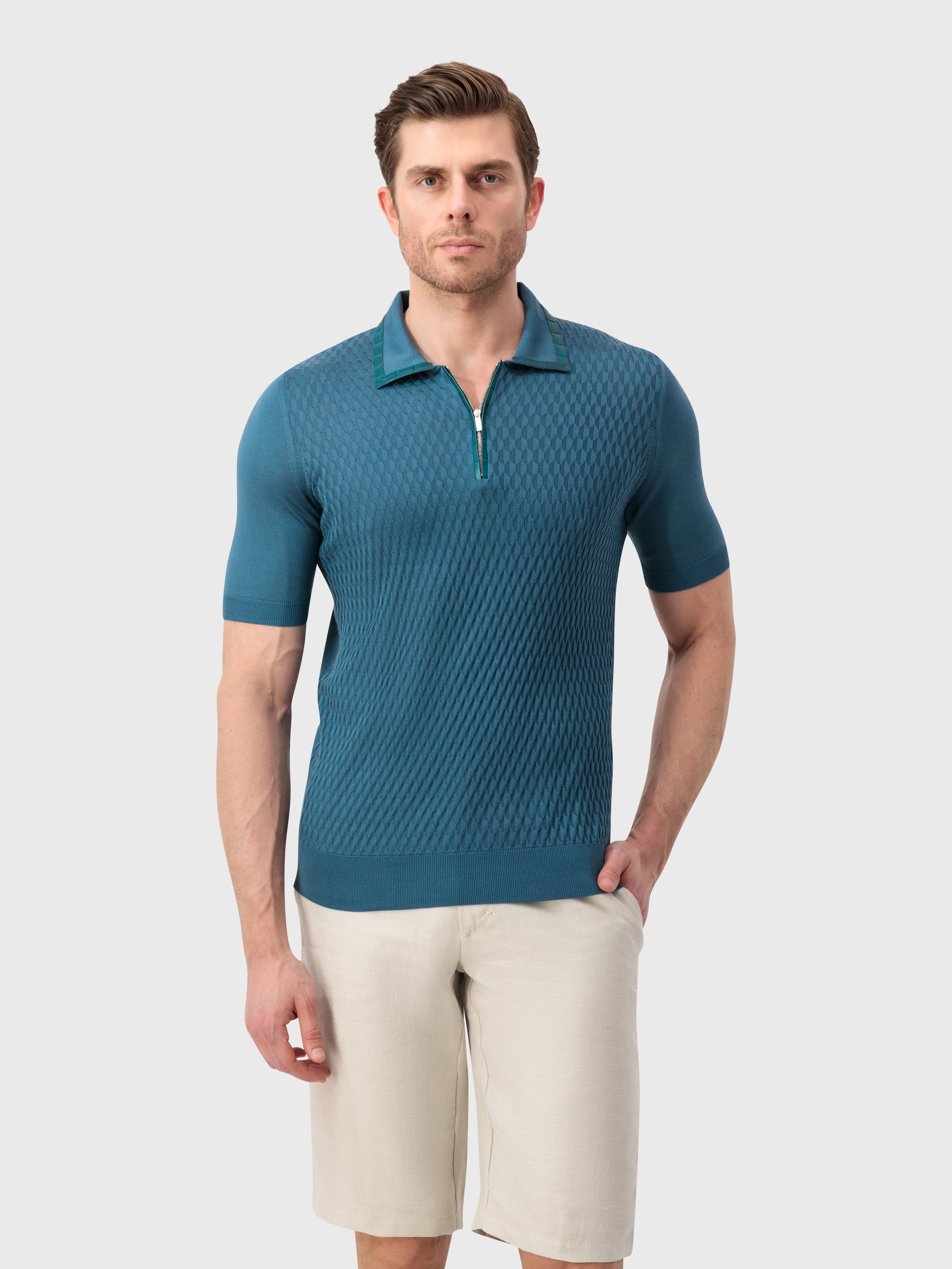 "Micro Lozenges" Crocodile-Detailed Silk Knit Polo - Deep Malachite
