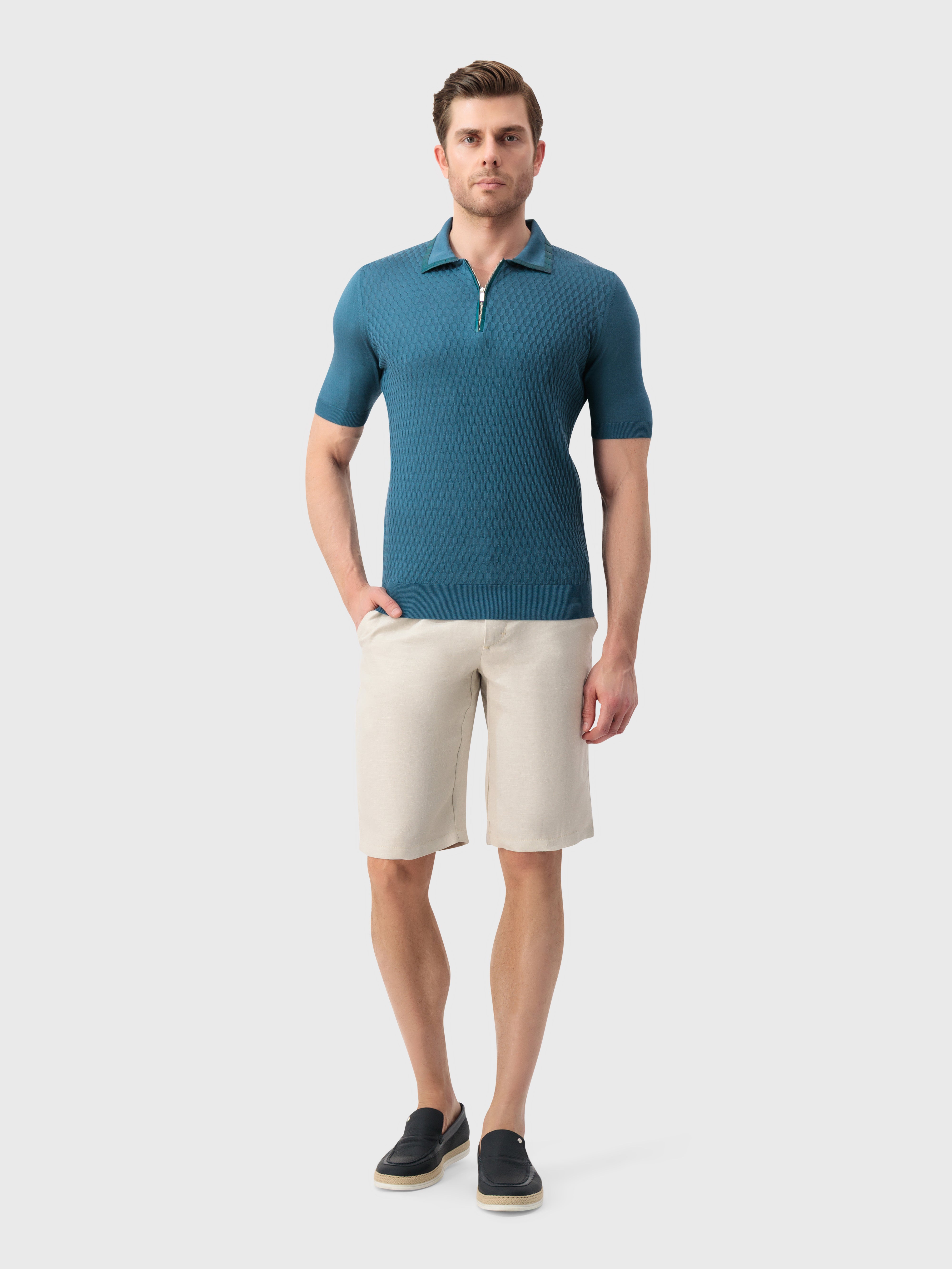 "Micro Lozenges" Crocodile-Detailed Silk Knit Polo - Deep Malachite