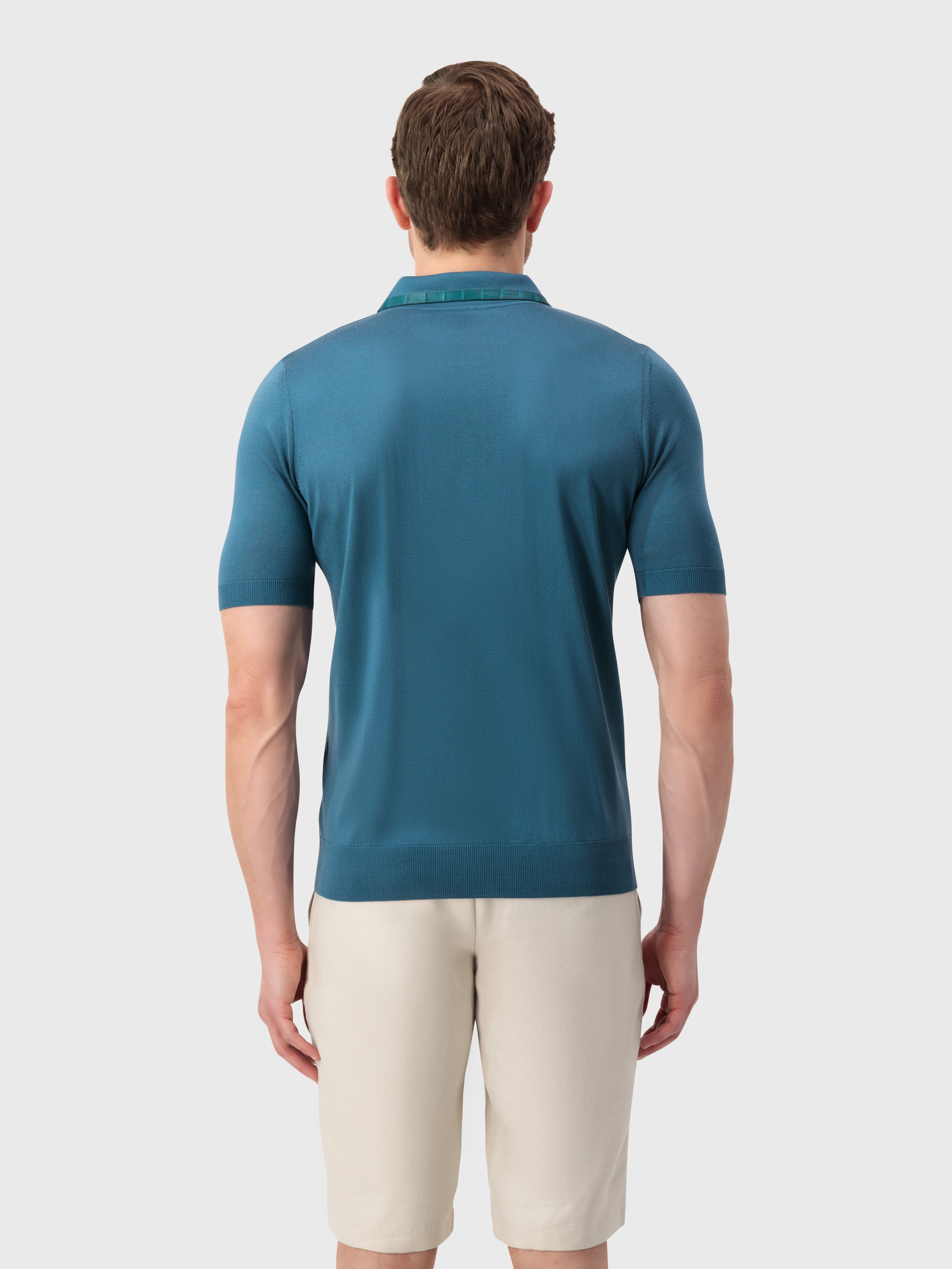 "Micro Lozenges" Crocodile-Detailed Silk Knit Polo - Deep Malachite