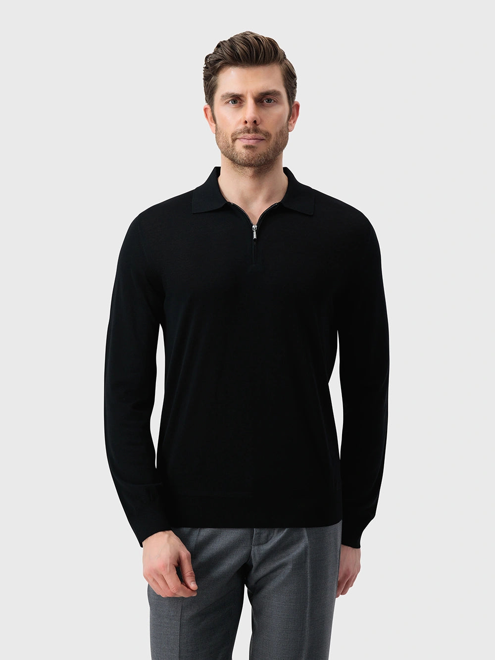 Wool Polo Half-Zip Knit – Black