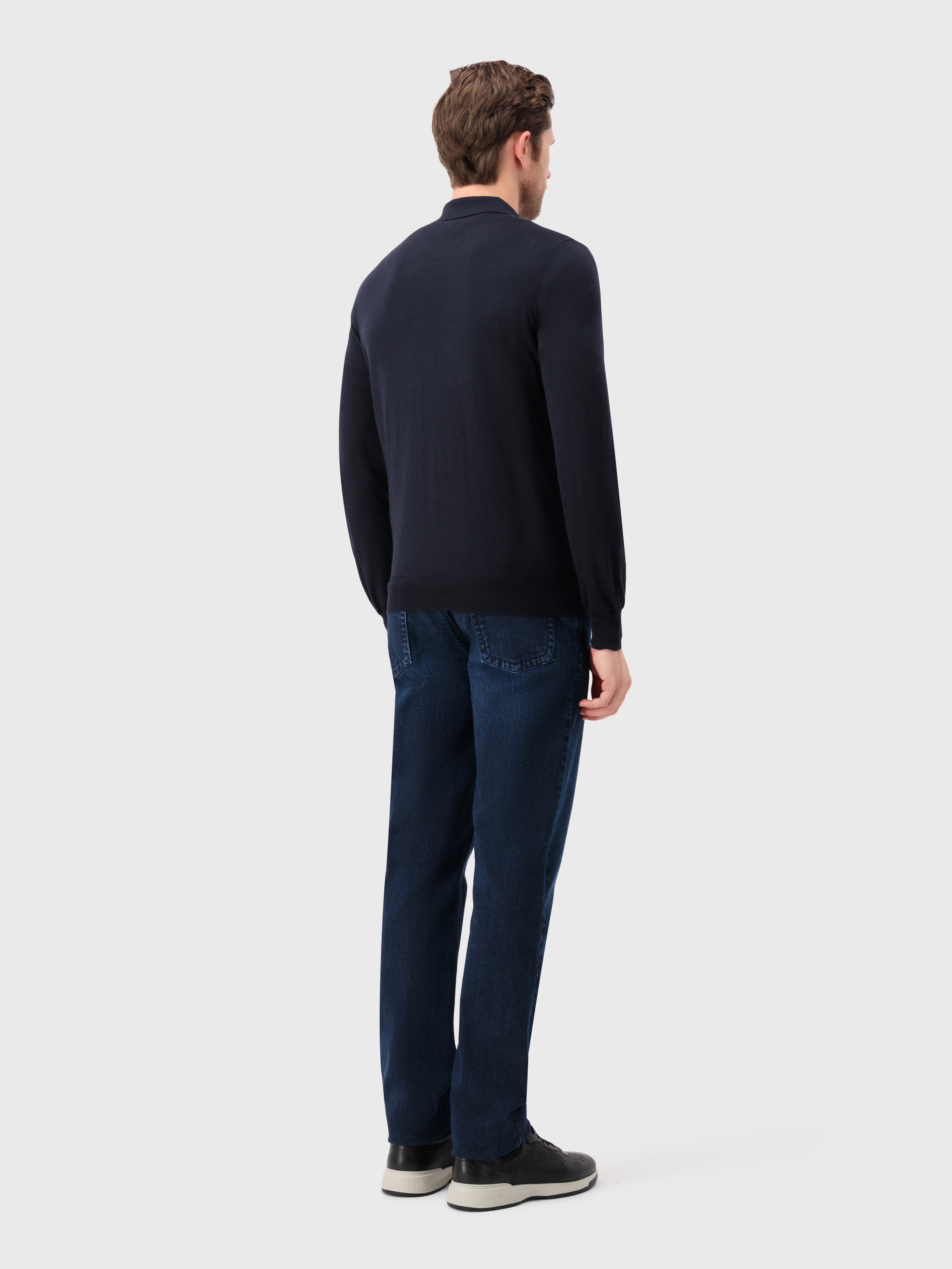 Geometric Pattern Polo Shirt in Wool, Silk, and Cashmere Dark Navy