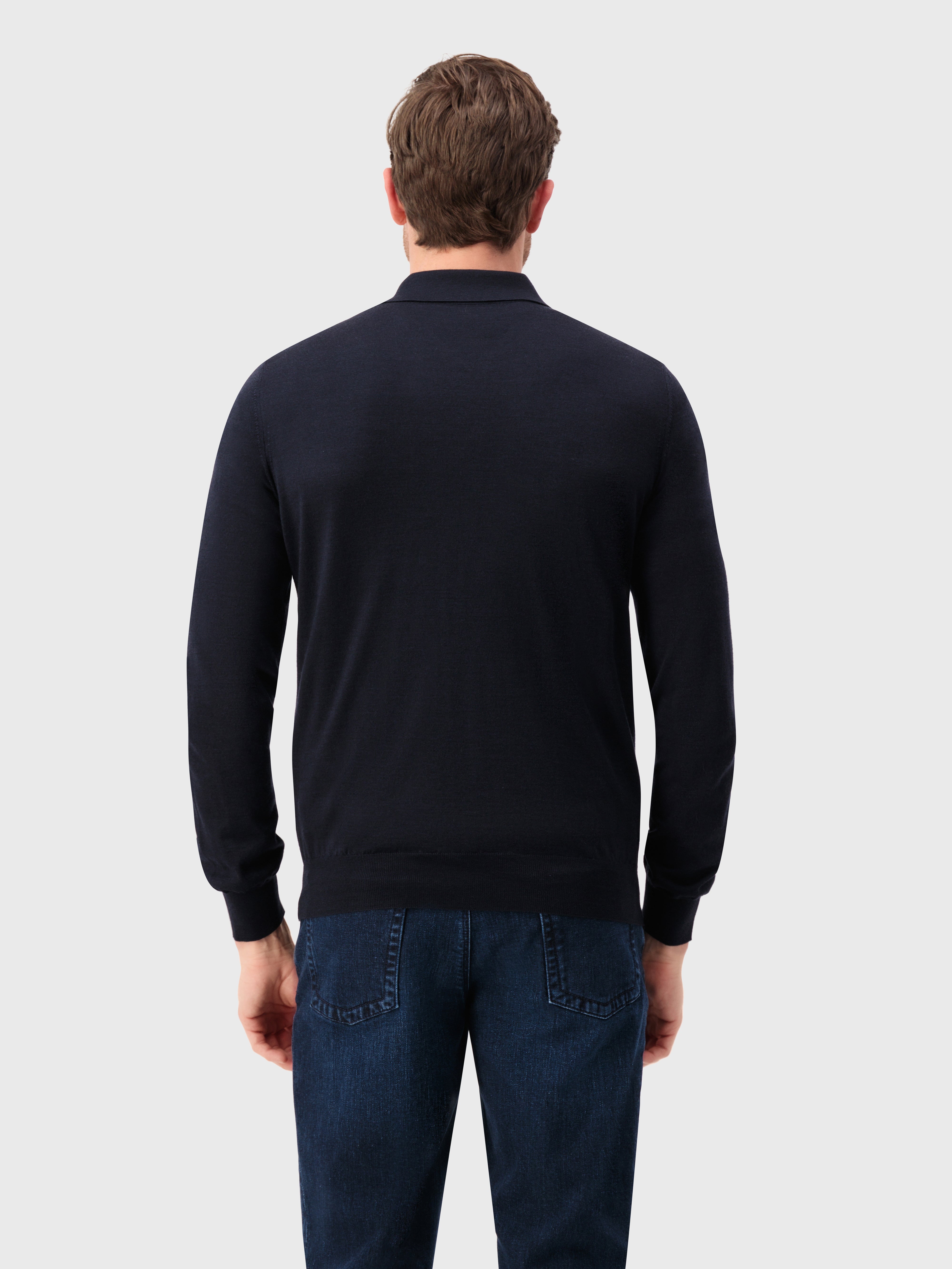 Geometric Pattern Polo Shirt in Wool, Silk, and Cashmere Dark Navy