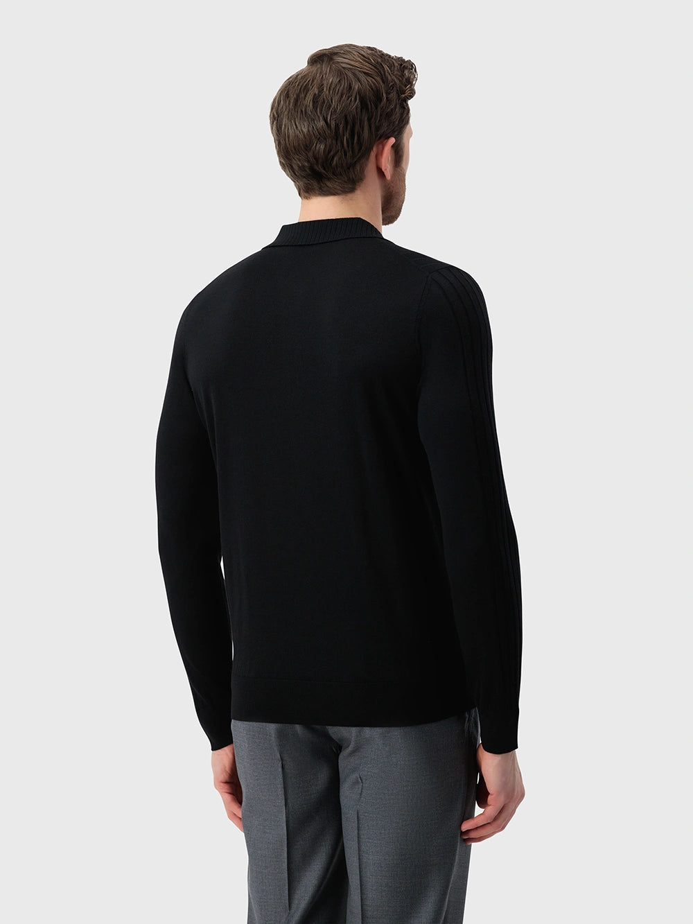 Wool-Silk Blend Half-Zip Knit with Inverted V Rib Panel – Black