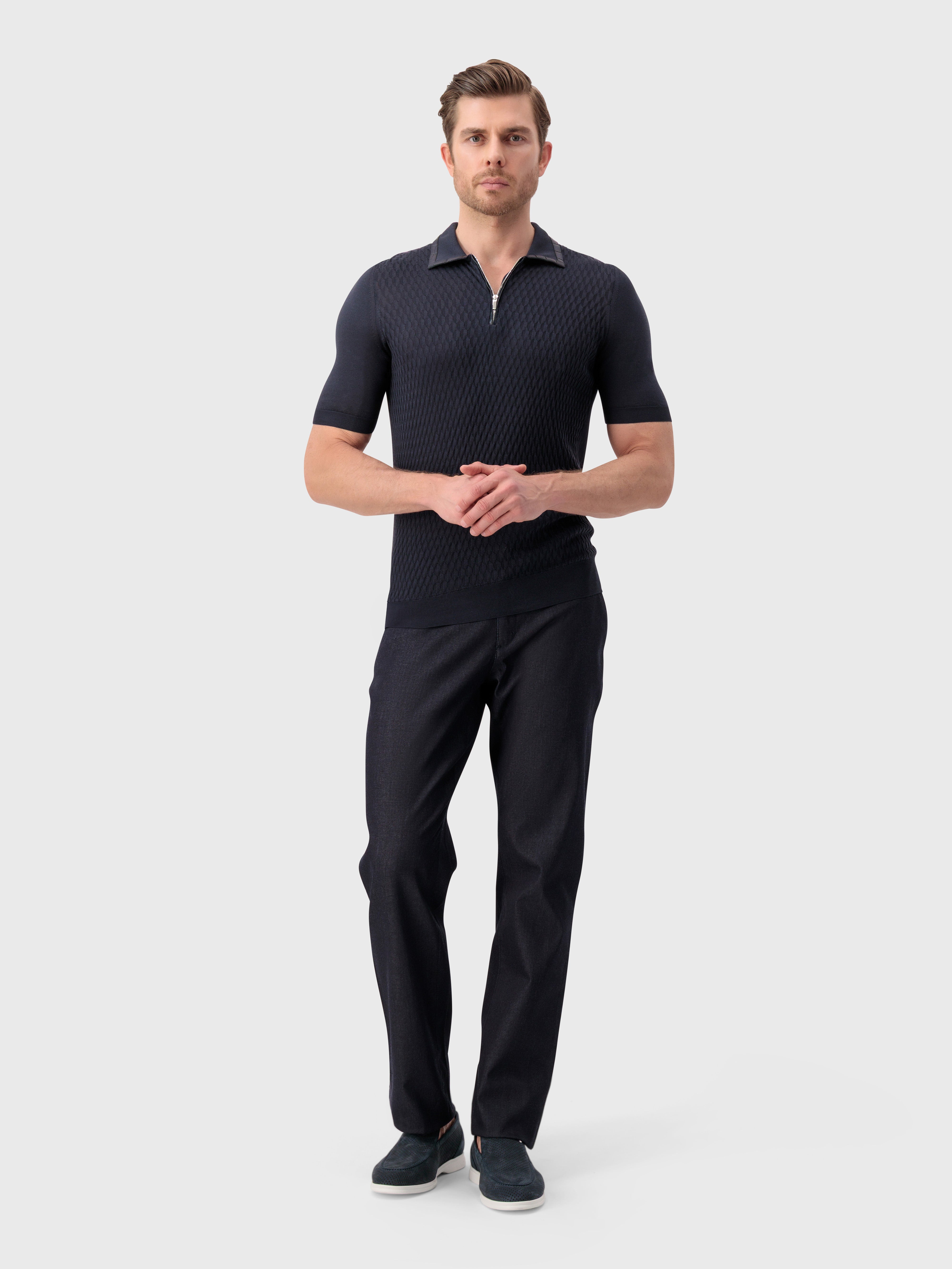 "Micro Lozenges" Crocodile-Detailed Silk Knit Polo - Blue Navy