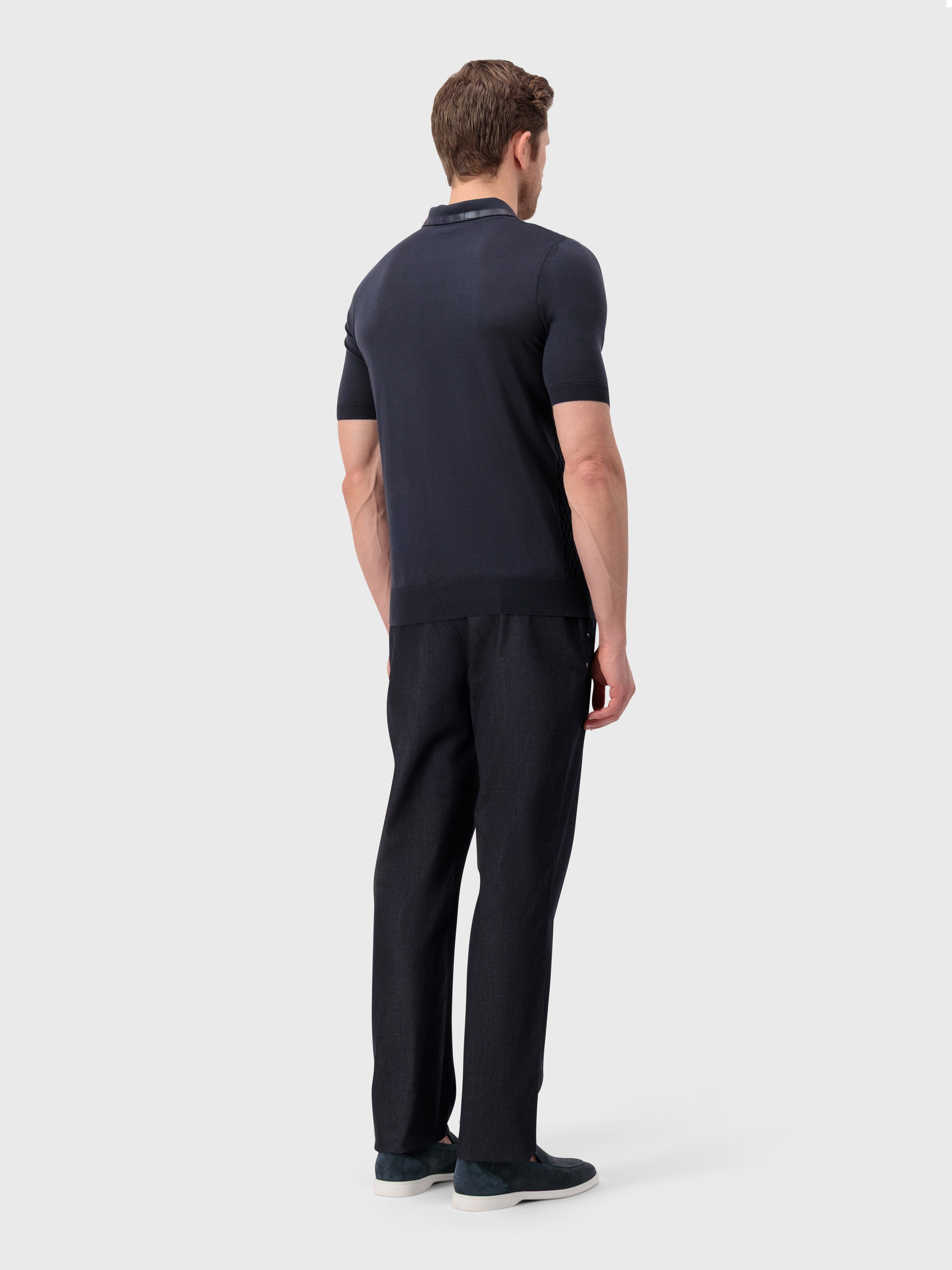 "Micro Lozenges" Crocodile-Detailed Silk Knit Polo - Blue Navy