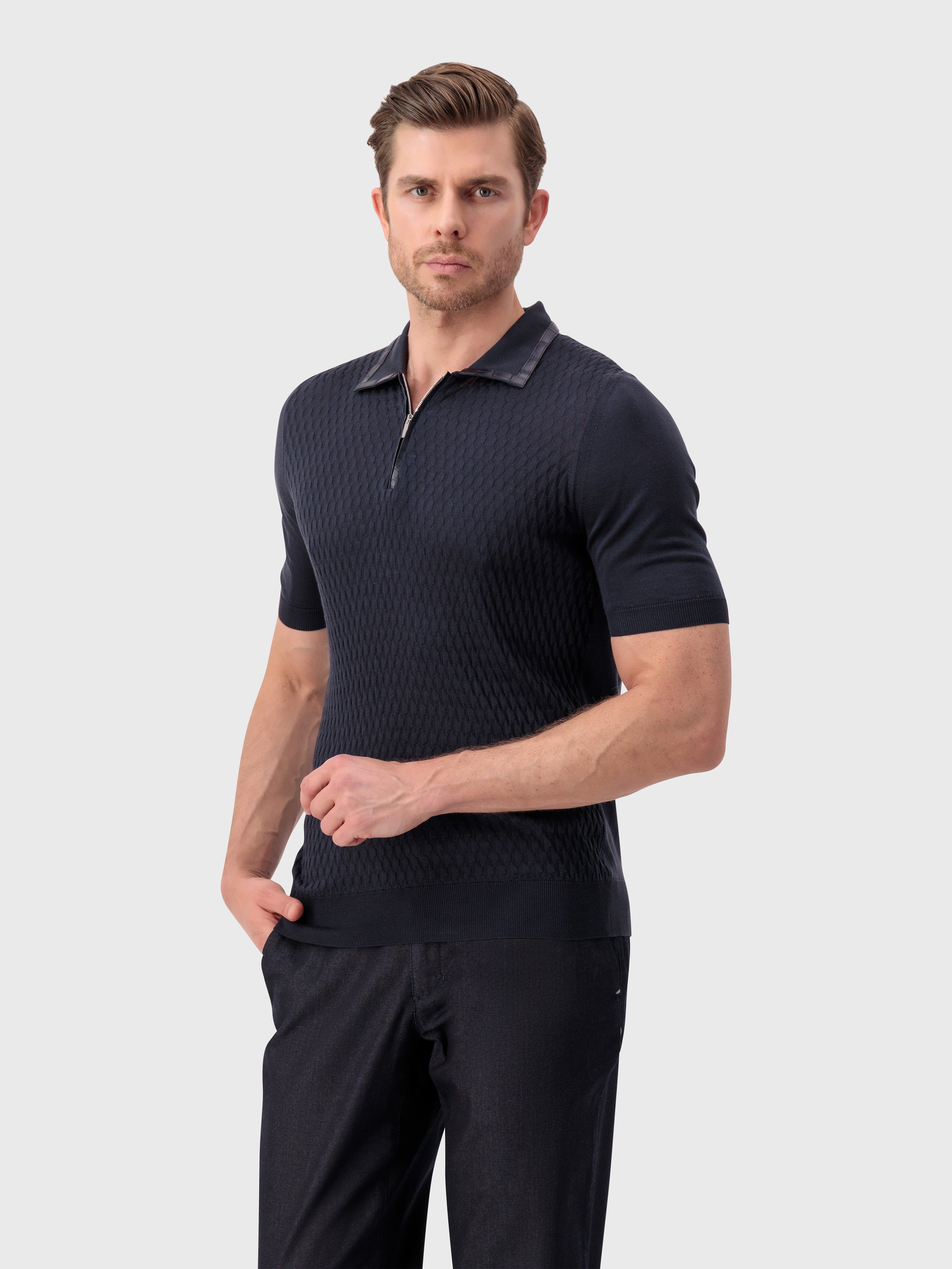 "Micro Lozenges" Crocodile-Detailed Silk Knit Polo - Blue Navy