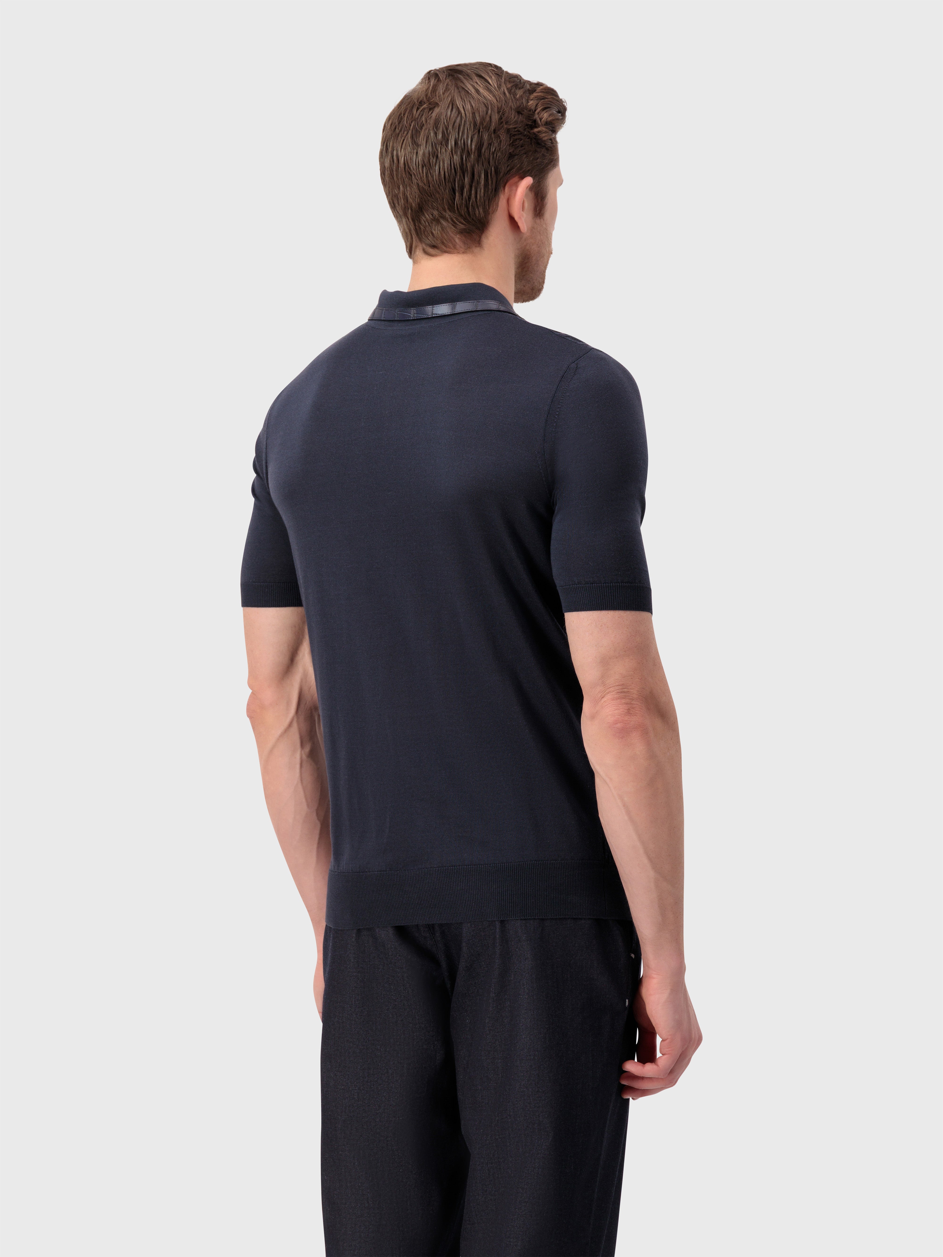 "Micro Lozenges" Crocodile-Detailed Silk Knit Polo - Blue Navy