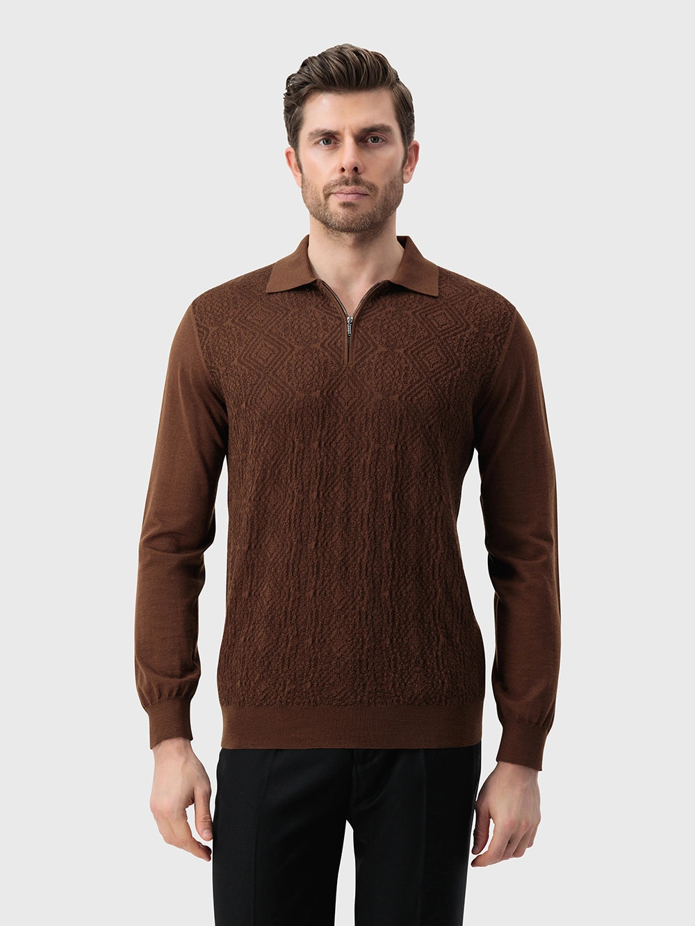 Wool-Silk Polo Half-Zip Pebbled Knit – Whiskey