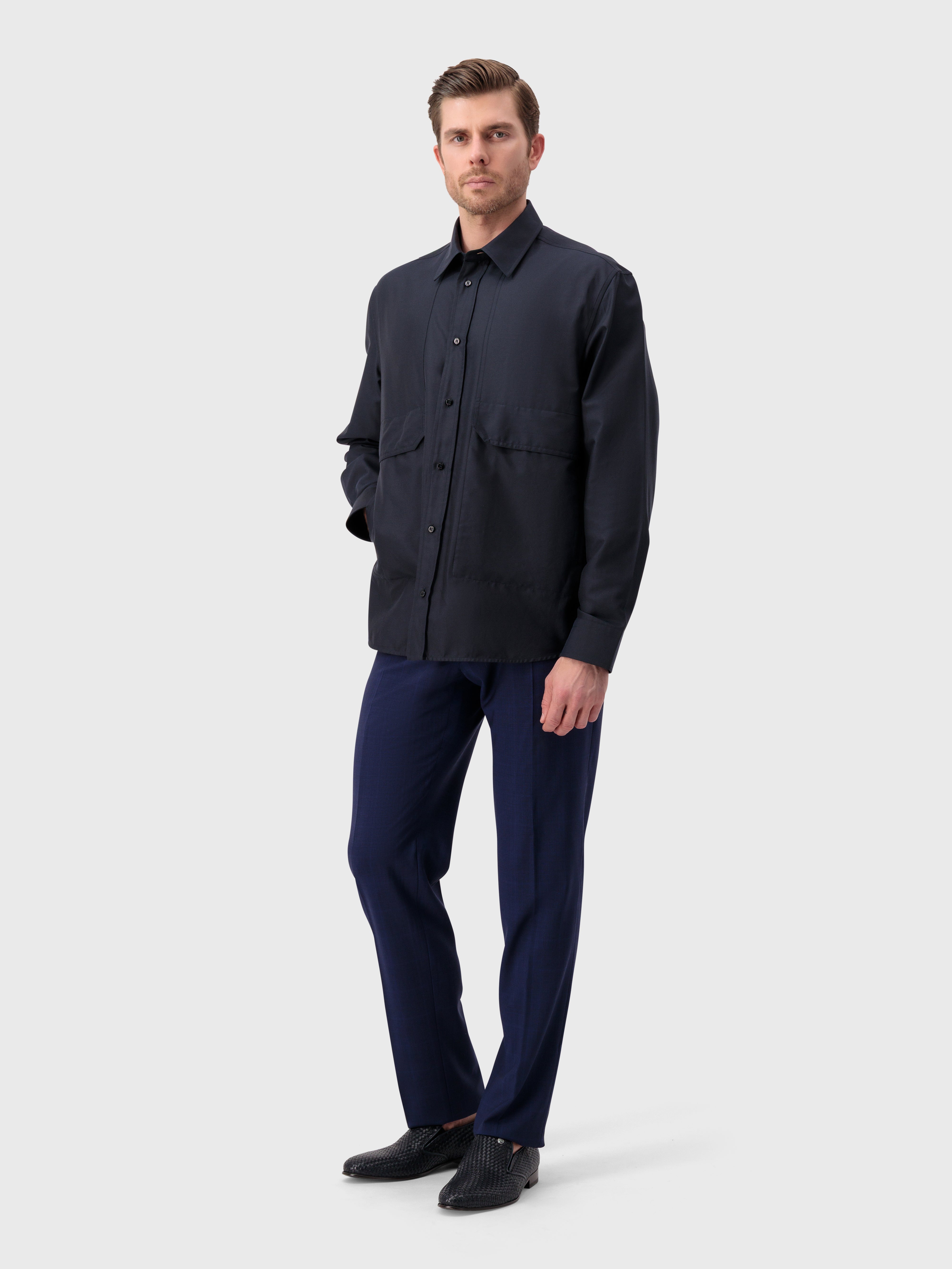 Рубашка из хлопка и шелка с одним отложным воротником - Синий ВМФ