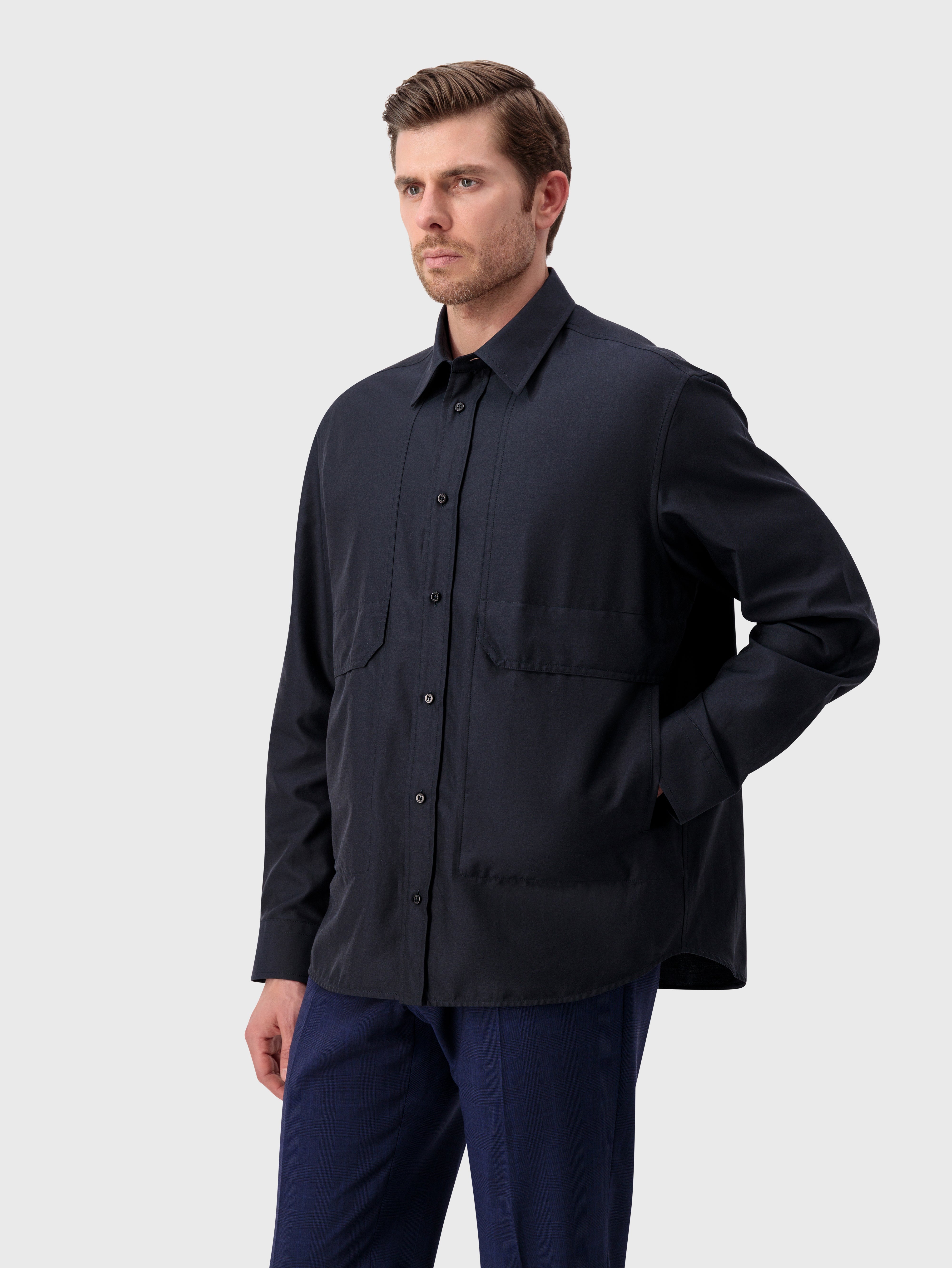 Рубашка из хлопка и шелка с одним отложным воротником - Синий ВМФ