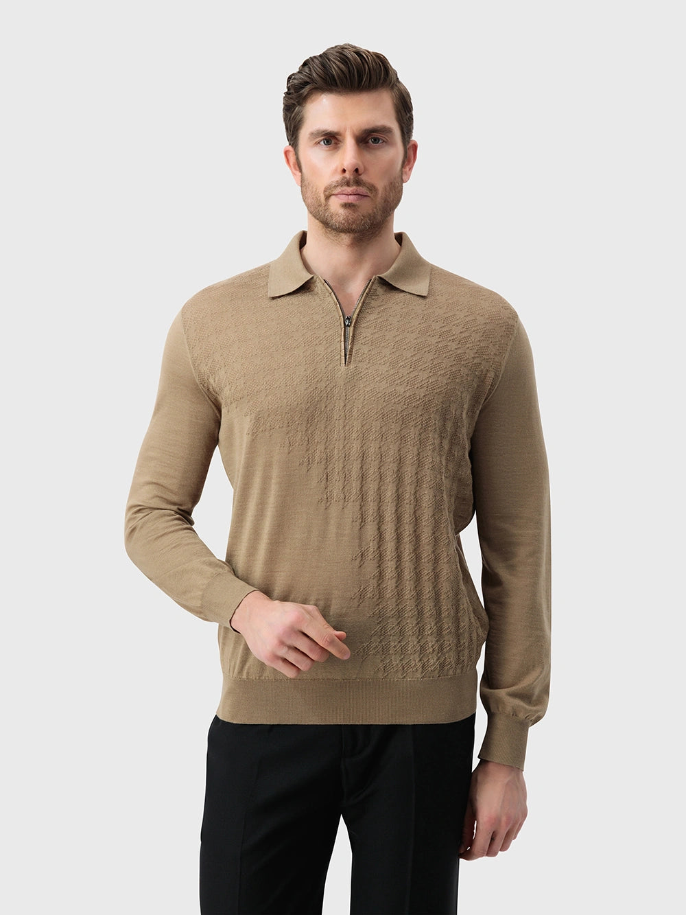 Angled Panel Polo Half-Zip Knit with Crocodile Leather Trim – Cappuccino
