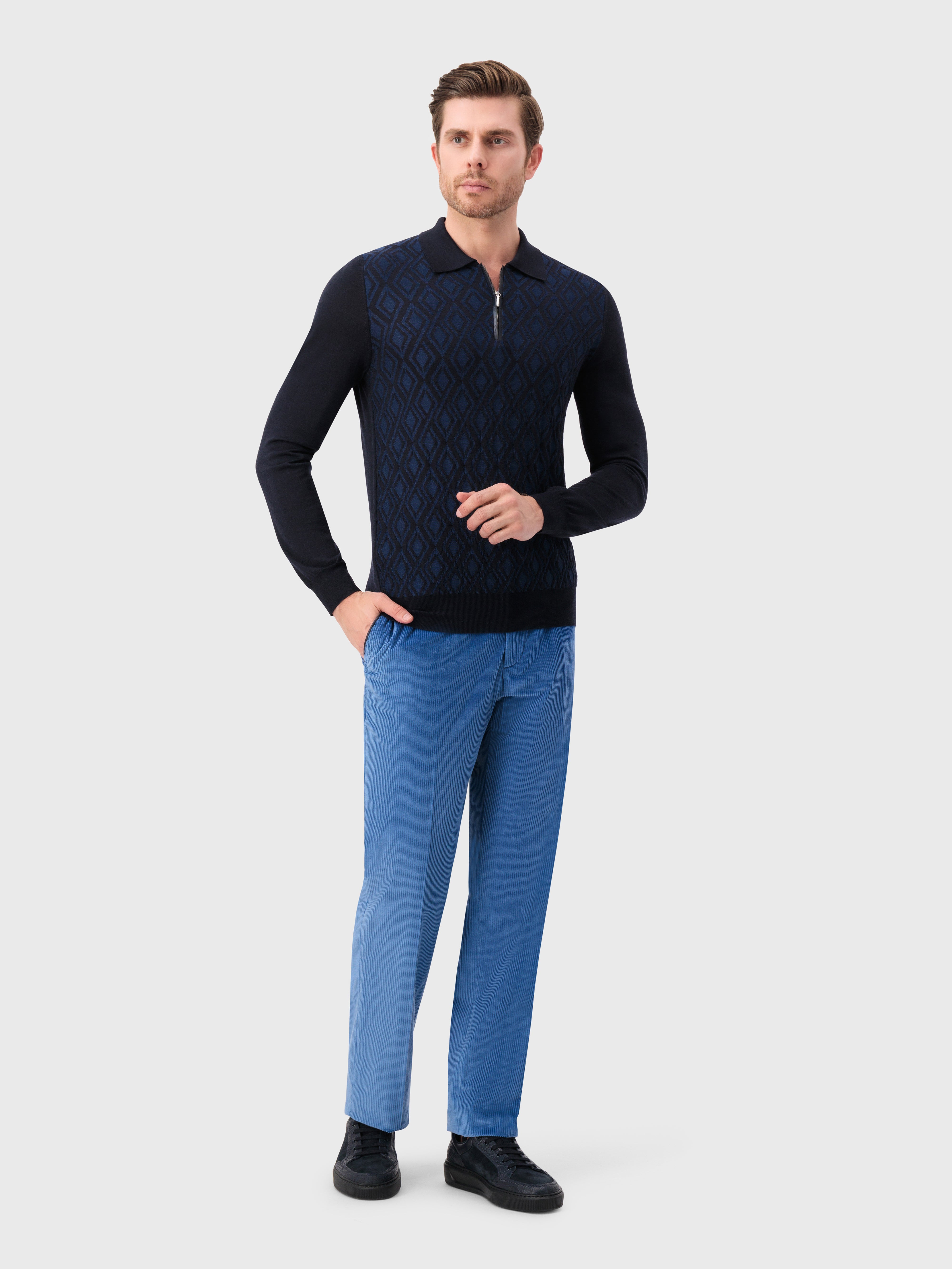 Рубашка-поло с длинными рукавами и узором в виде ромбов темно-темноморская