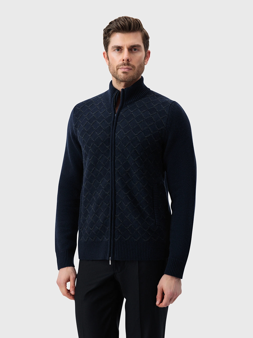 Zip-Up Sweater with Diamond Lattice Knit Pattern – Dark Navy
