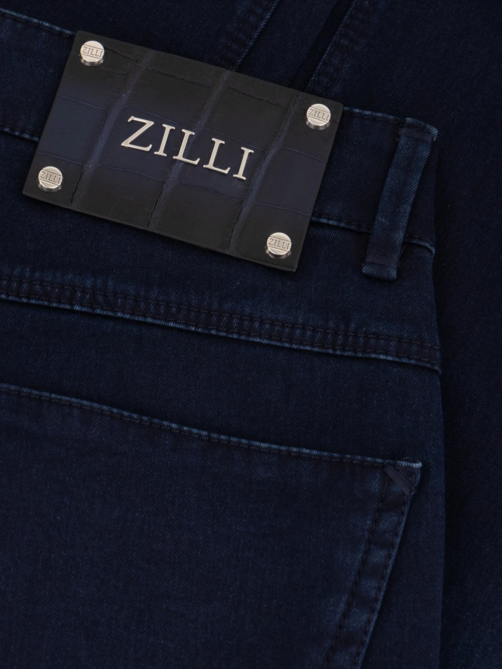 Slim Fit Crocodile-Detailed Denim Cotton Trousers - Blue Navy