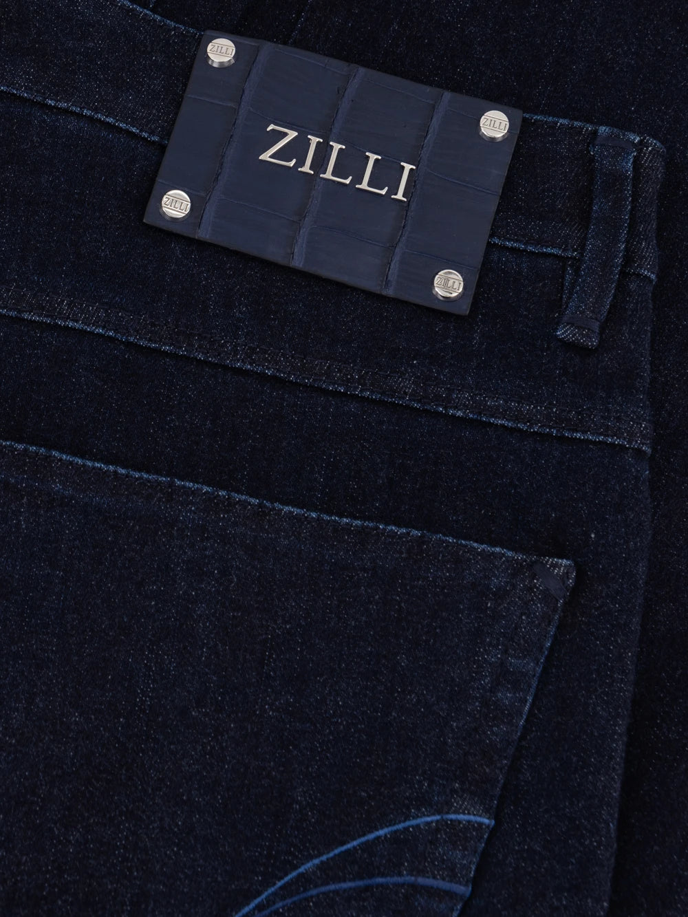 Slim Fit Crocodile-Detailed Denim Cotton Trousers - Blue