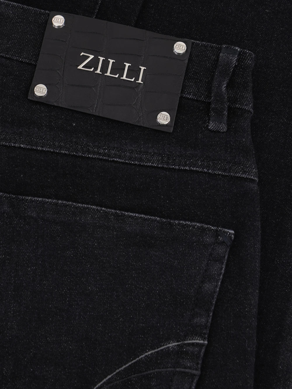 Slim Fit Crocodile-Detailed Denim Cotton Trousers - Black