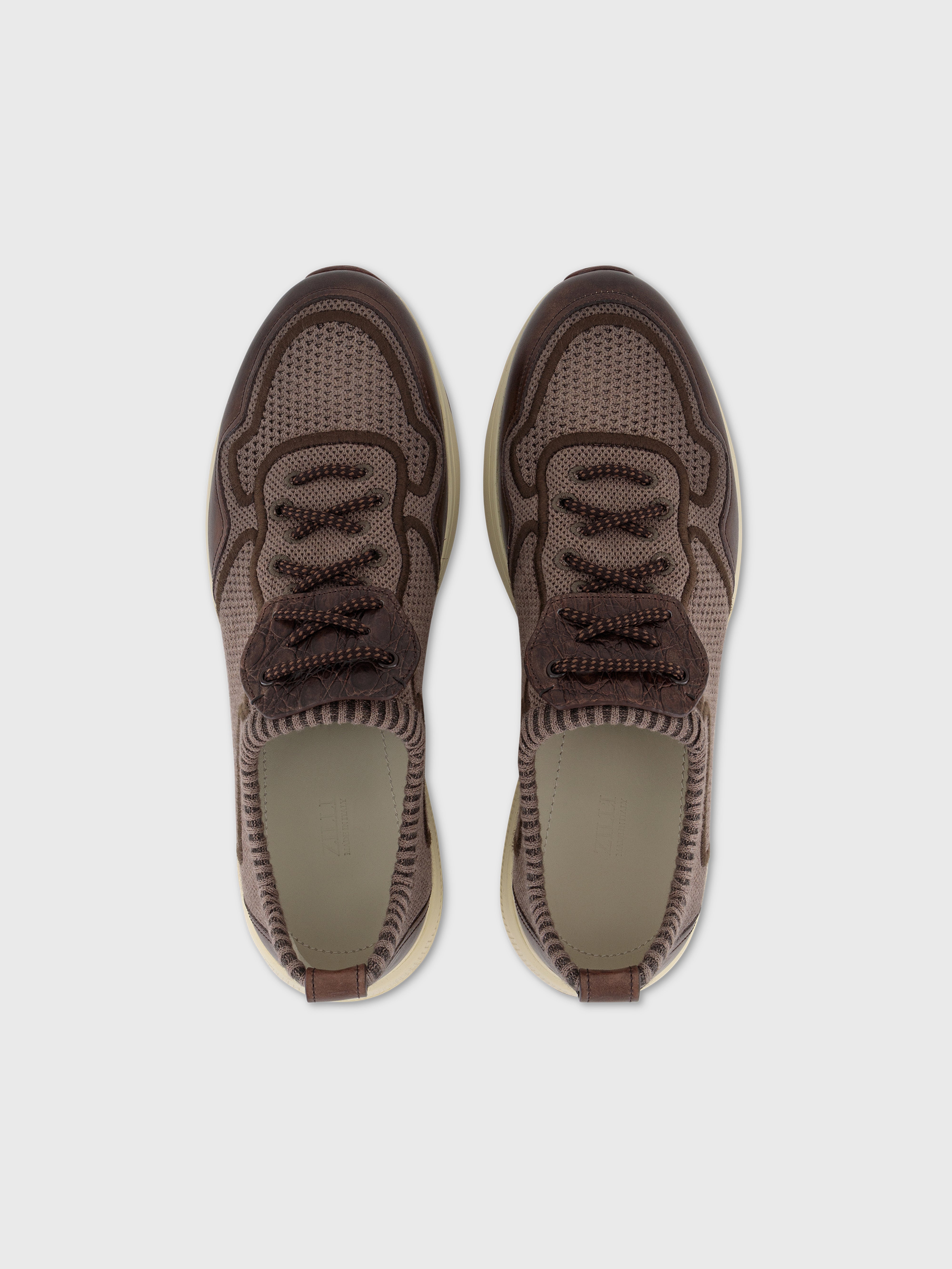 Knit and Calfskin Low-Top Sneakers - Stone Tan
