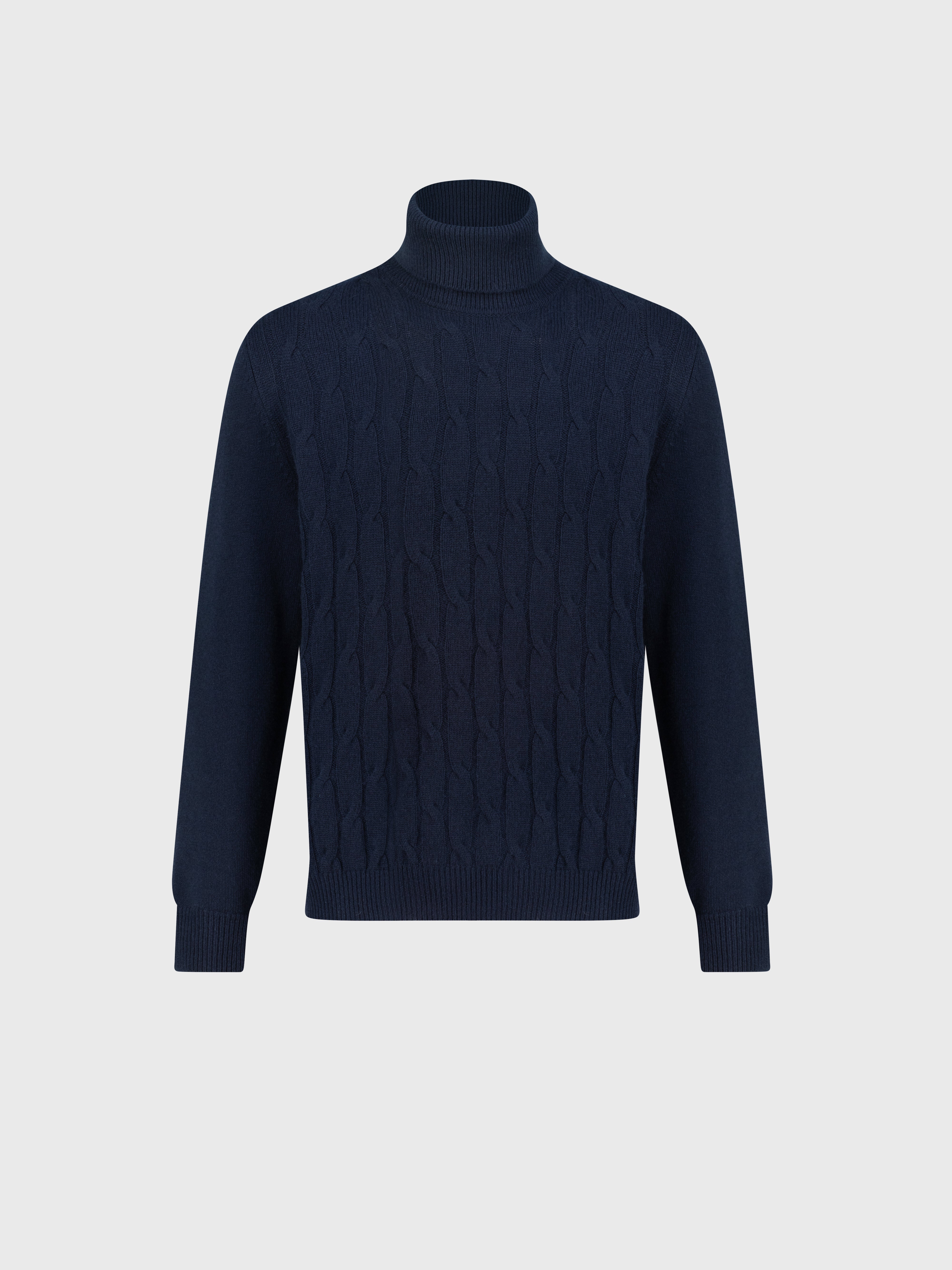 Cashmere Turtleneck Pullover with Cable Knit Pattern Dark Navy