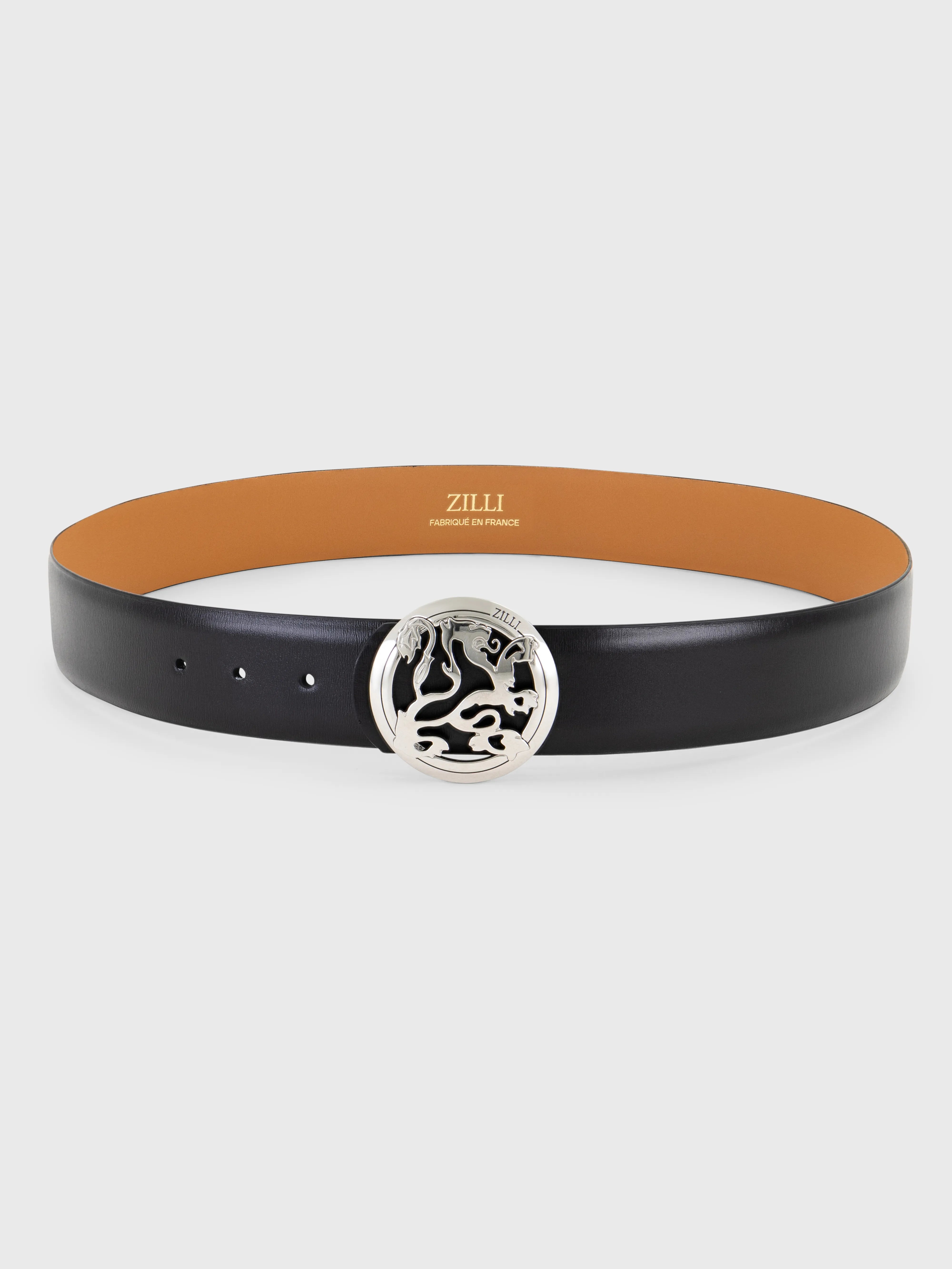 Palladium-Finish Lion Buckle Calfskin Belt - Black