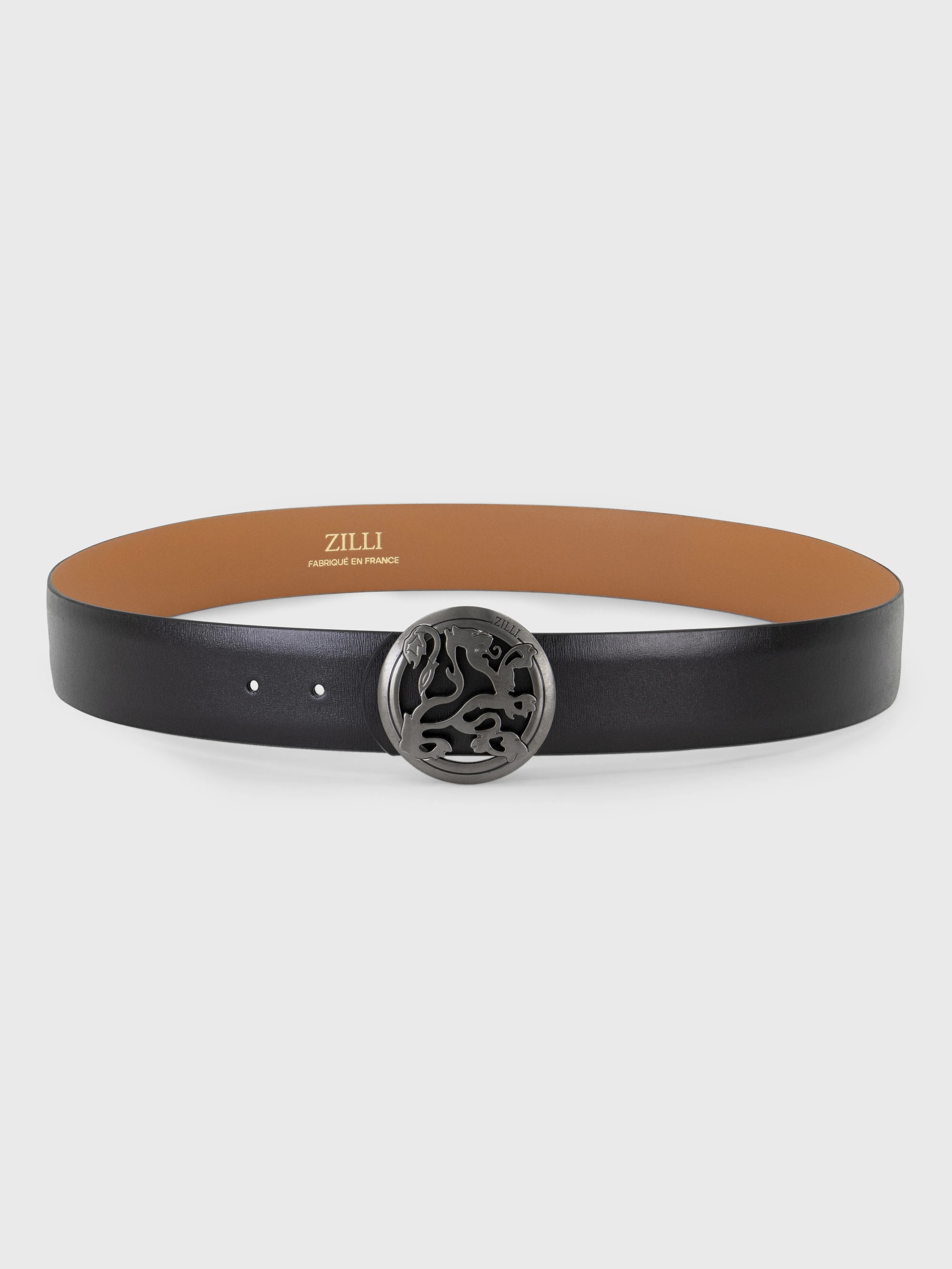 Calfskin Belt with ZILLI Lion Buckle - Black