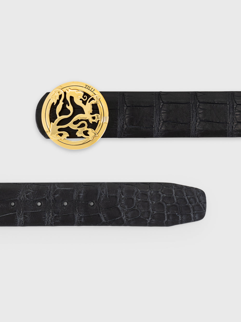 Gold-Finish Lion Buckle Crocodile Belt - Black