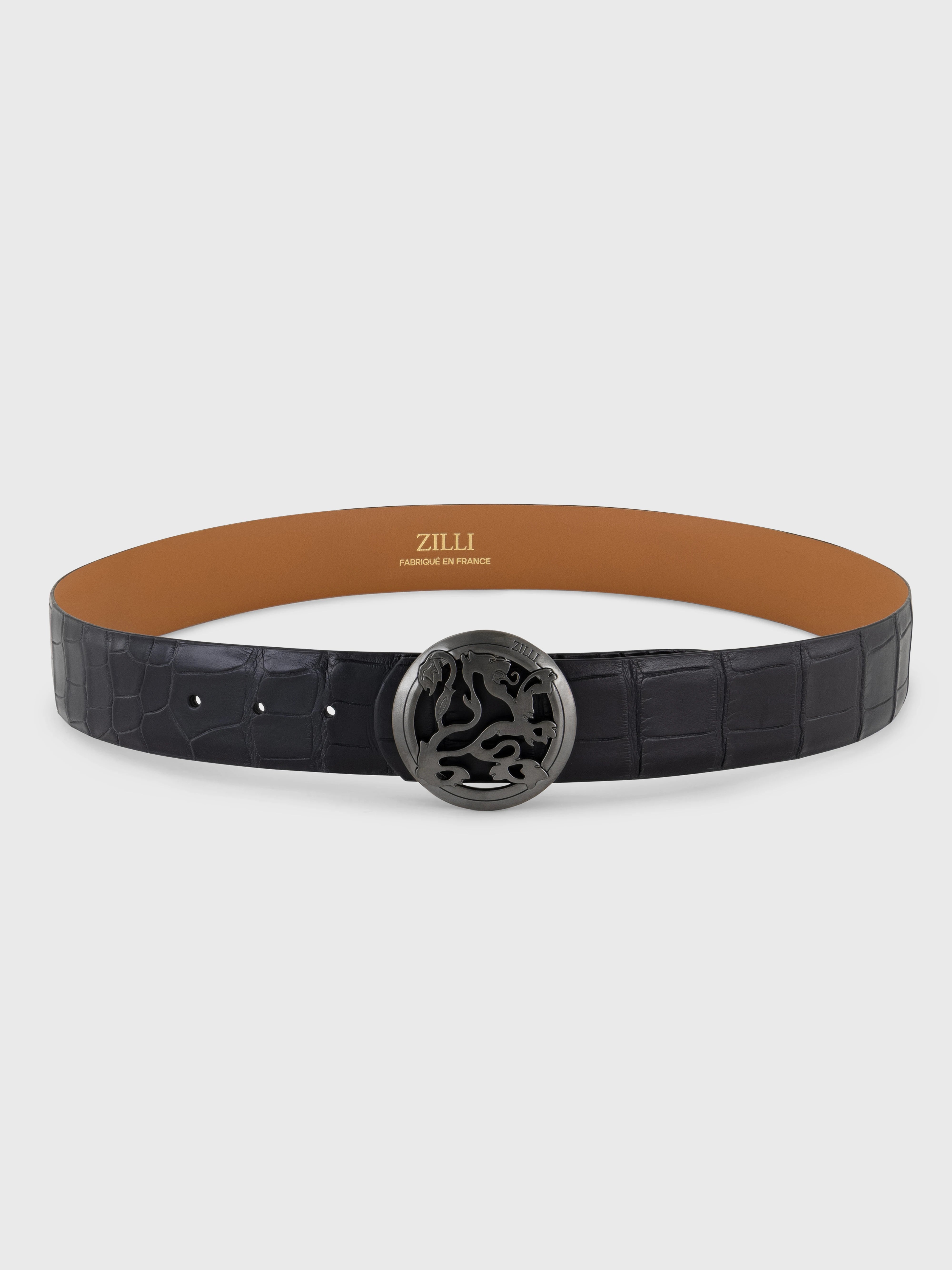 Ruthenium-Finish Lion Buckle Crocodile Belt - Black