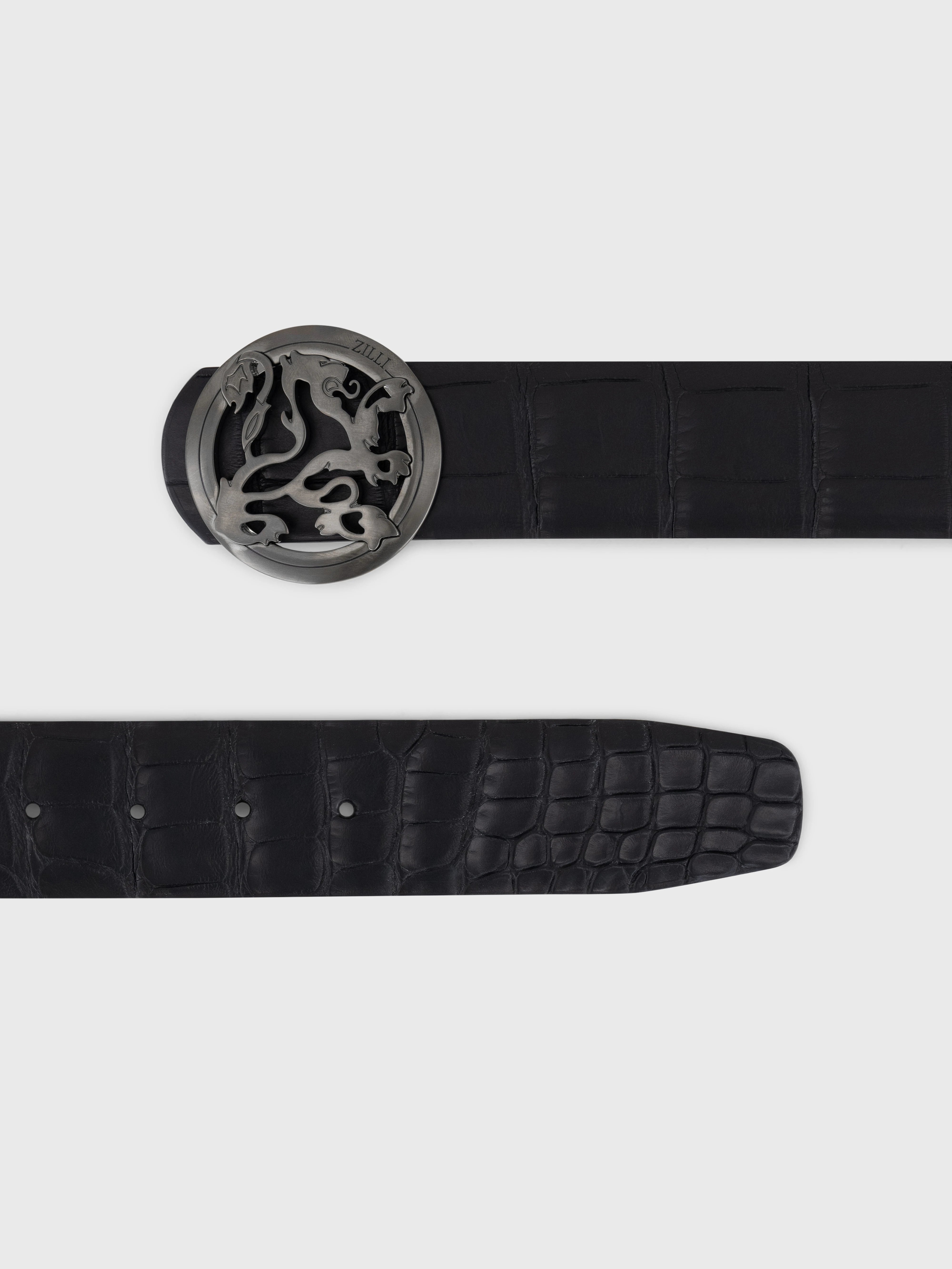 Ruthenium-Finish Lion Buckle Crocodile Belt - Black