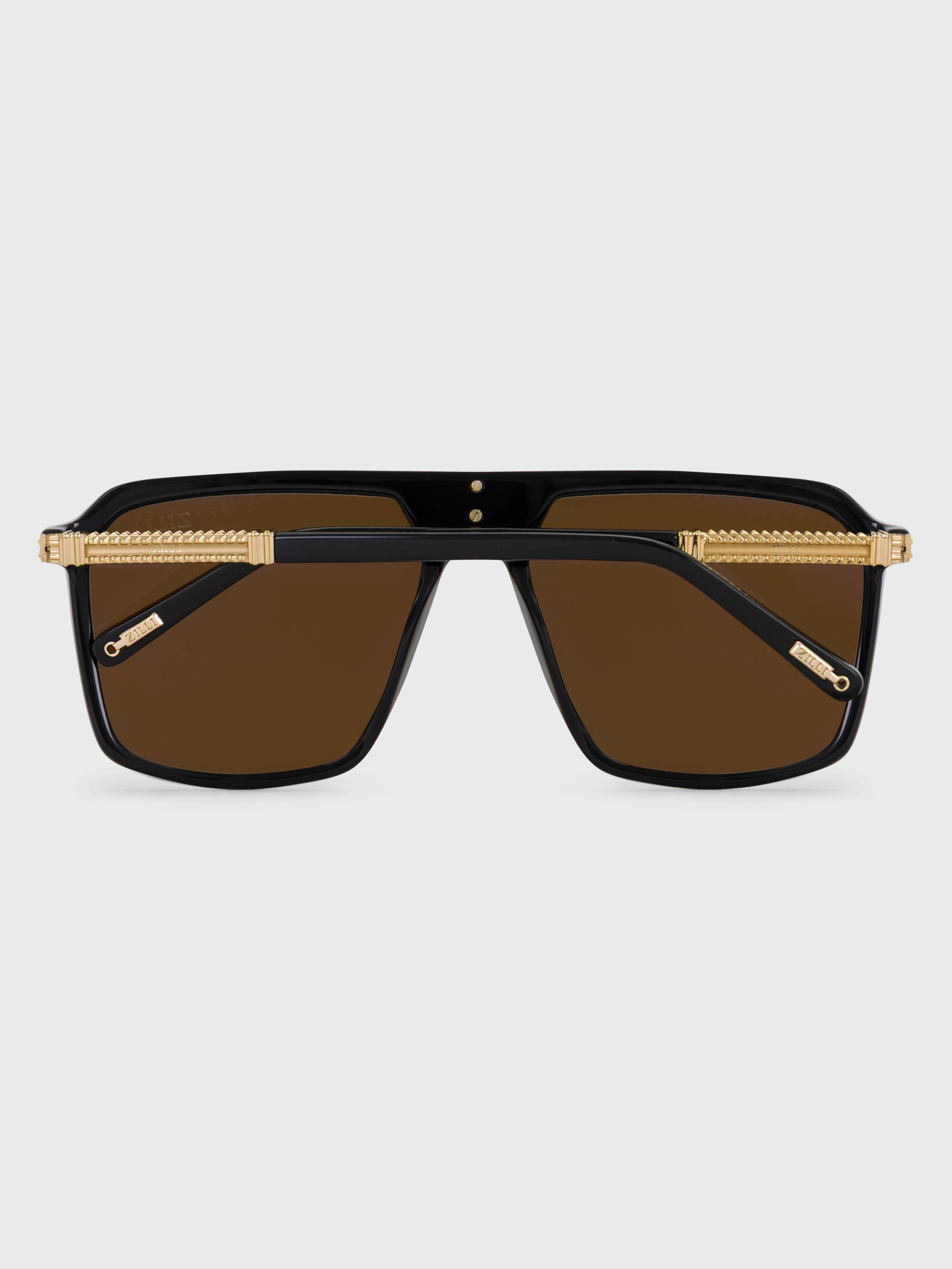 Square-shaped Leather Accented Sunglasses - Brown Lenses