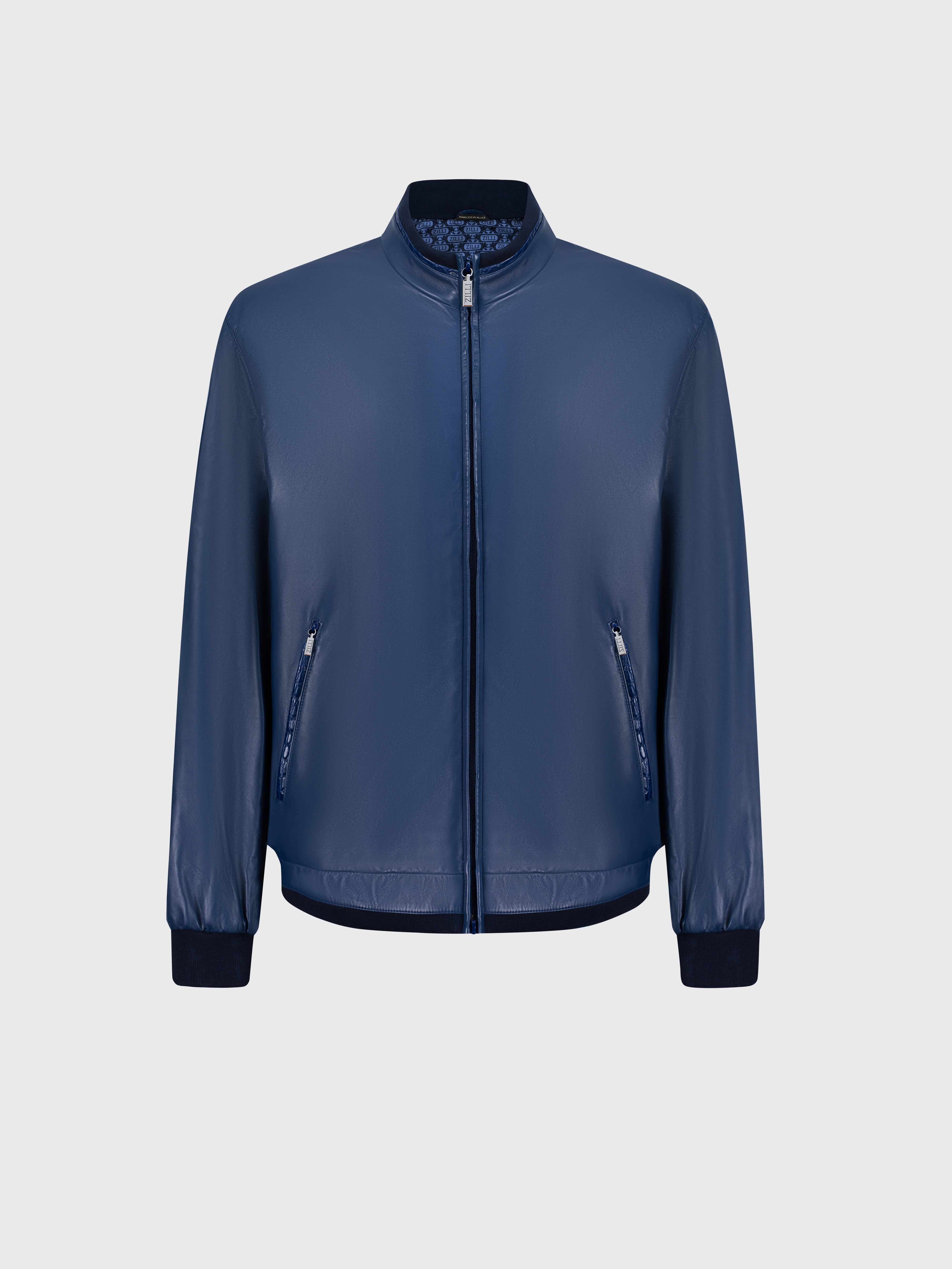 Crocodile-Detailed Leather Jacket - Blue Octane
