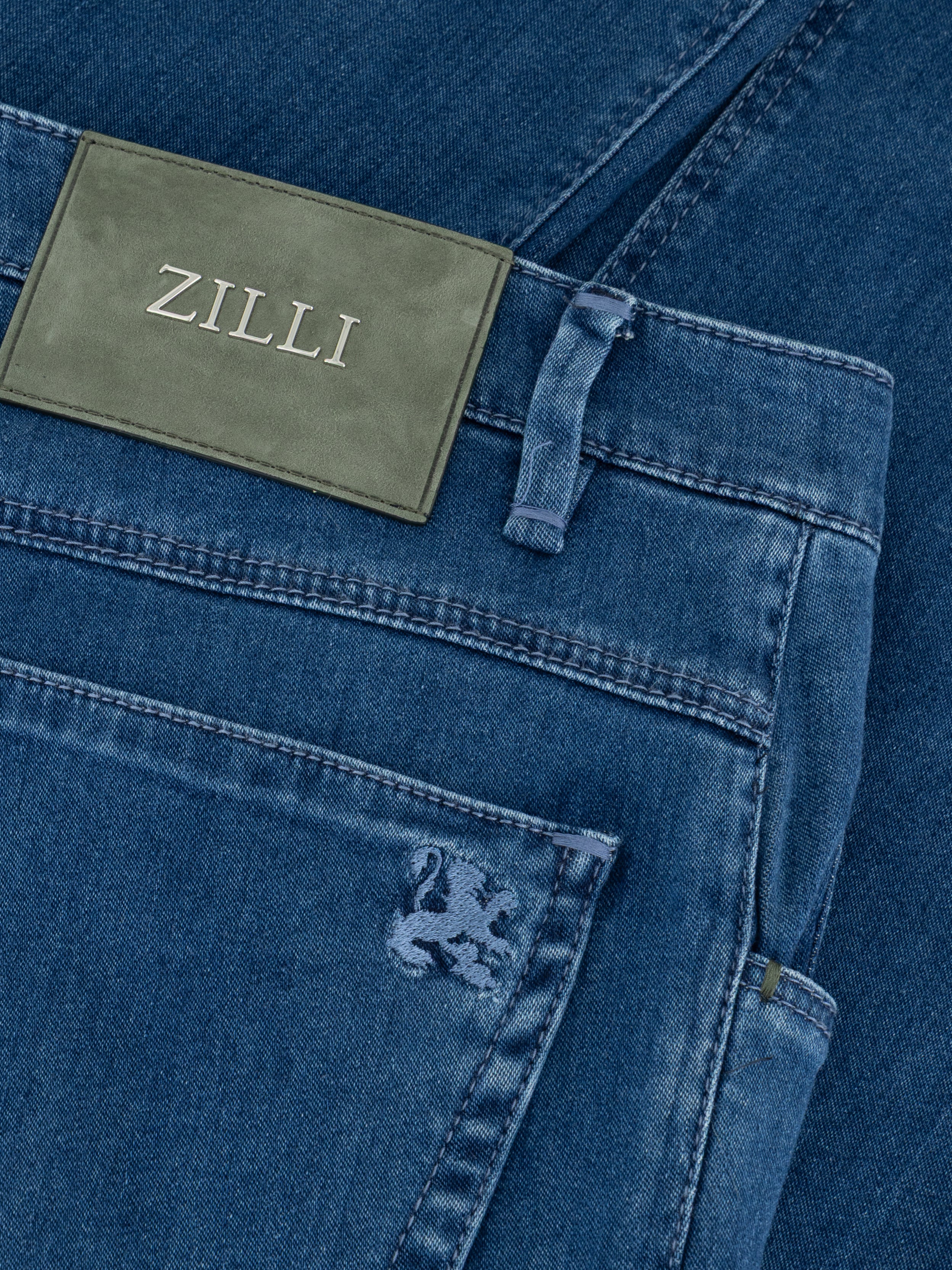 "Lion" Embroidery Tailored Denim Cotton Trousers - Blue Jeans