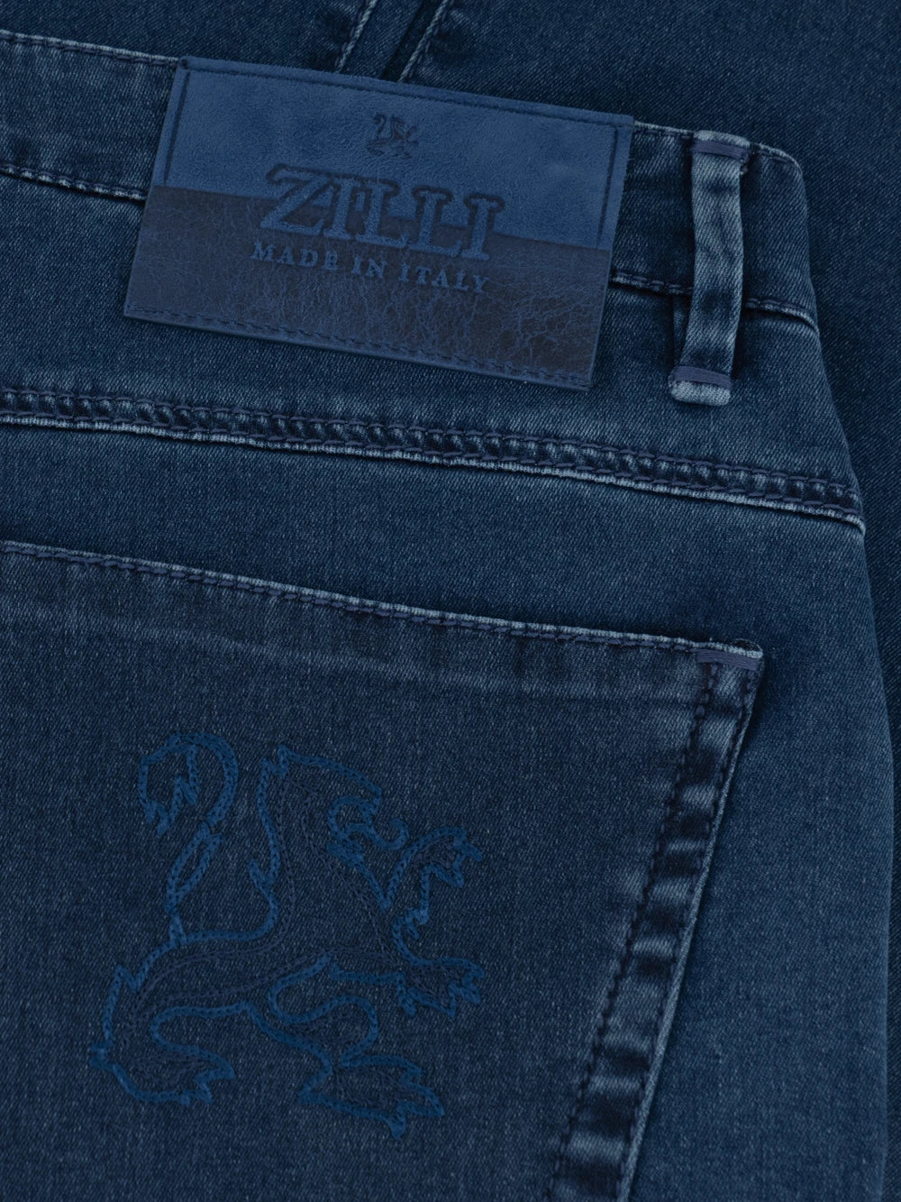 Slim Fit "Big Lion" Embroidery Denim Cotton Trousers - Blue