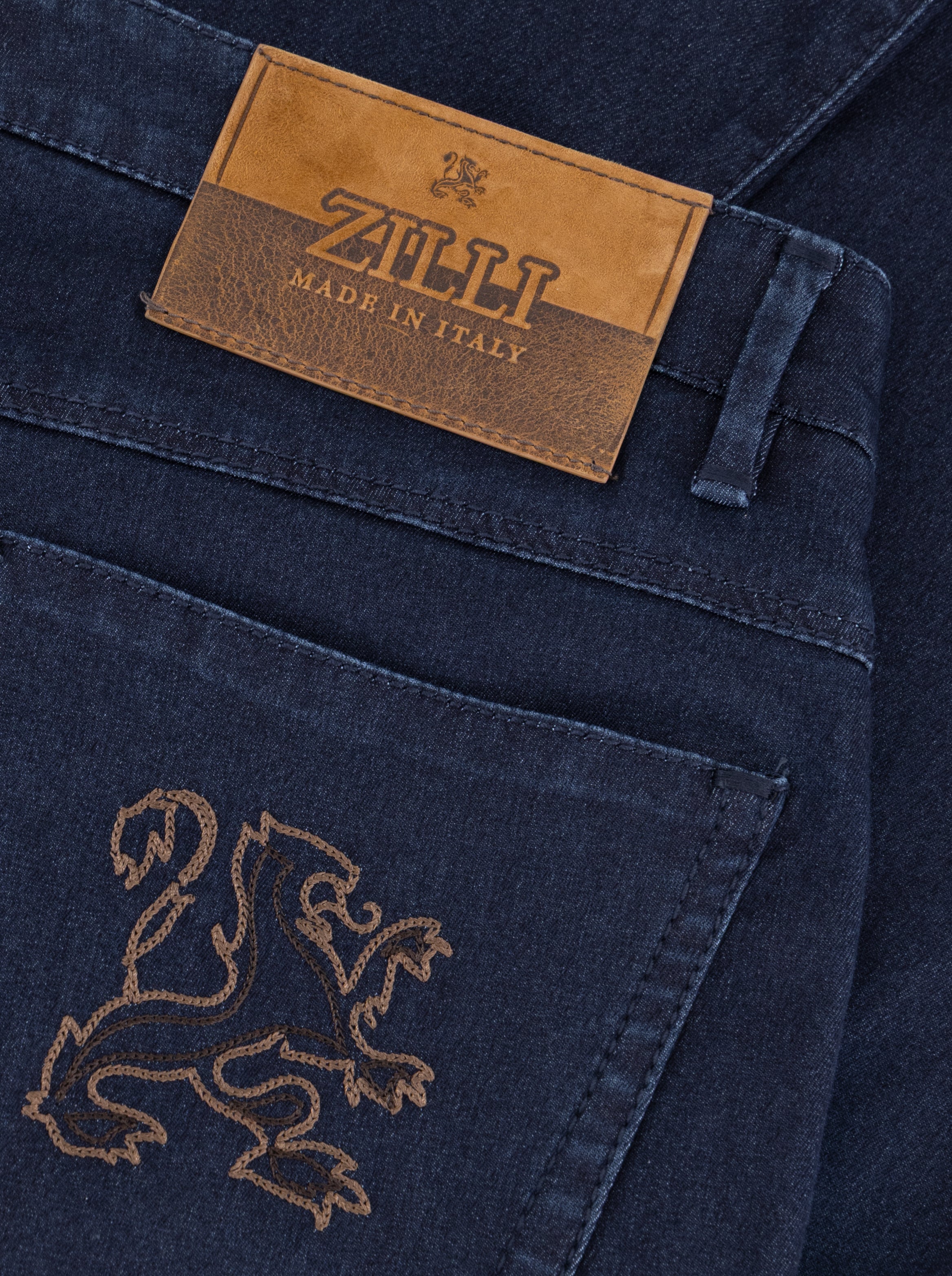 Slim Fit "Big Lion" Embroidery Denim Cotton Trousers - Blue Navy